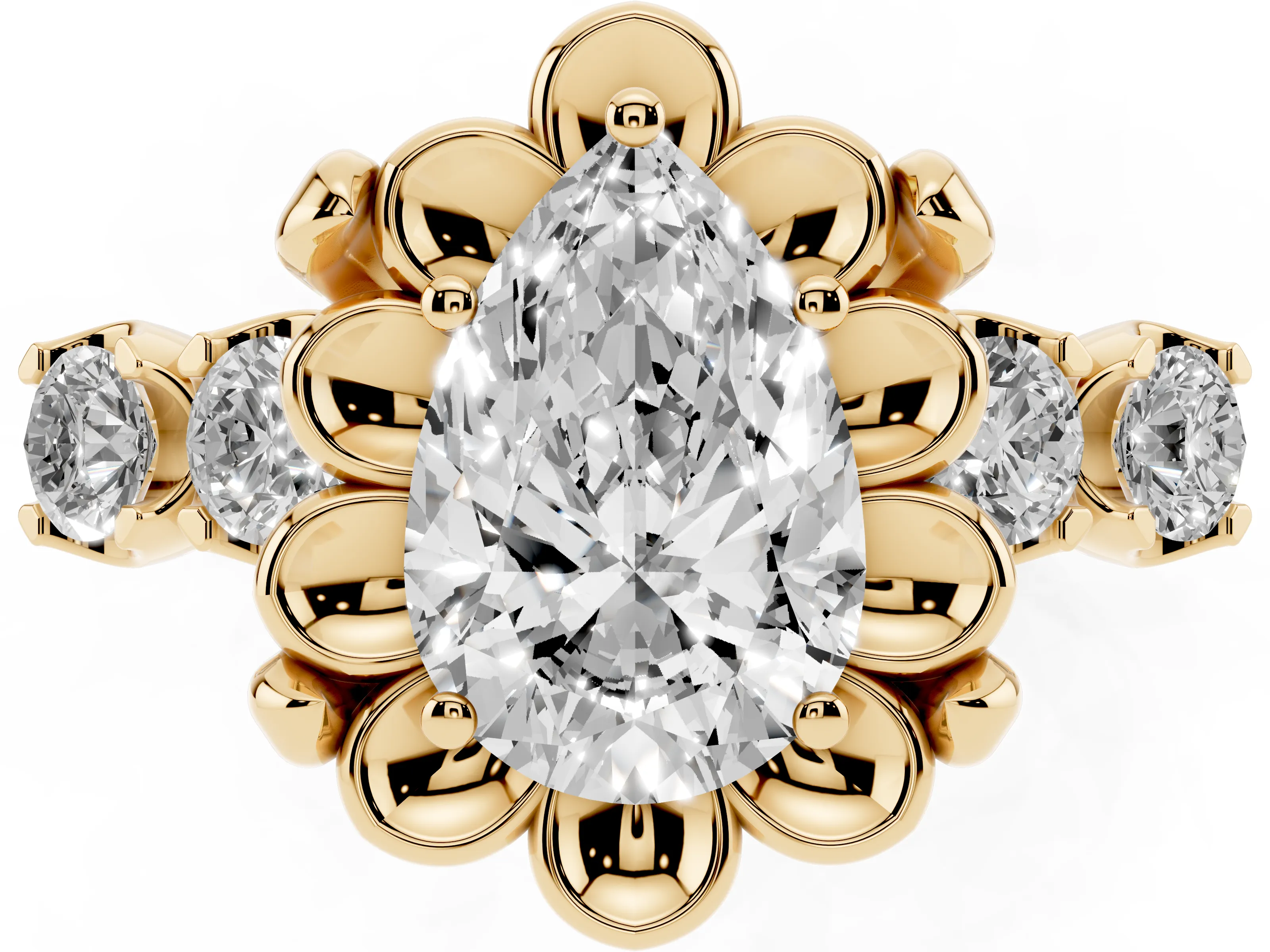 Pear Cut Diamond Floral Halo Ring Set in Yellow gold with Shared Prong Band