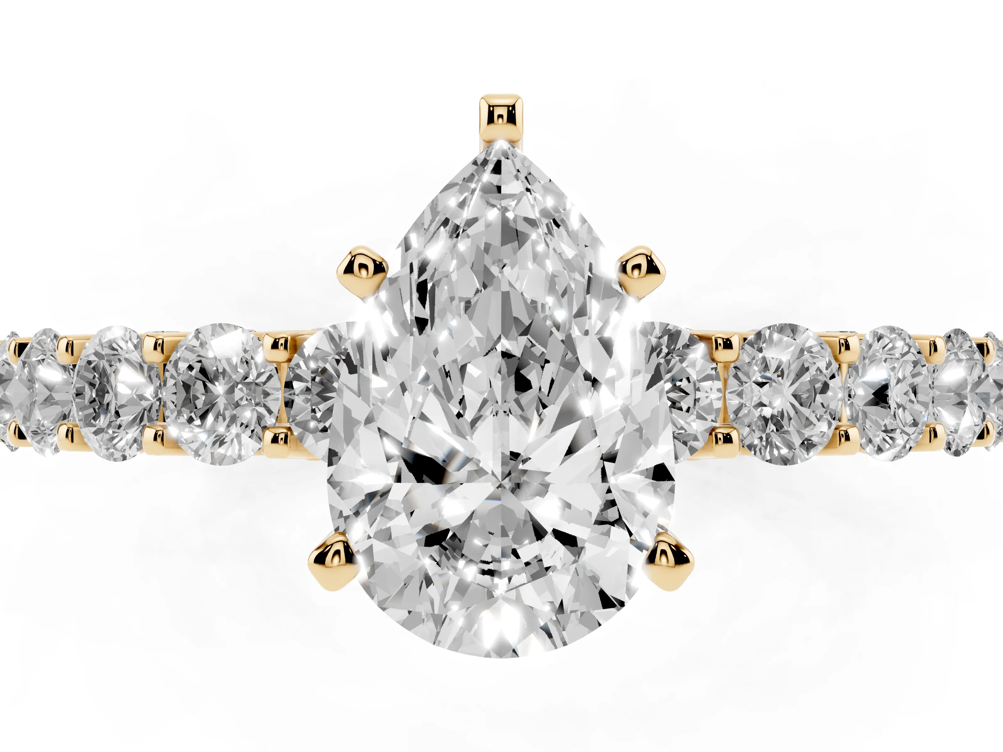 Pear Cut Diamond Solitaire Ring Set in Yellow gold with Shared Prong Pavé Band