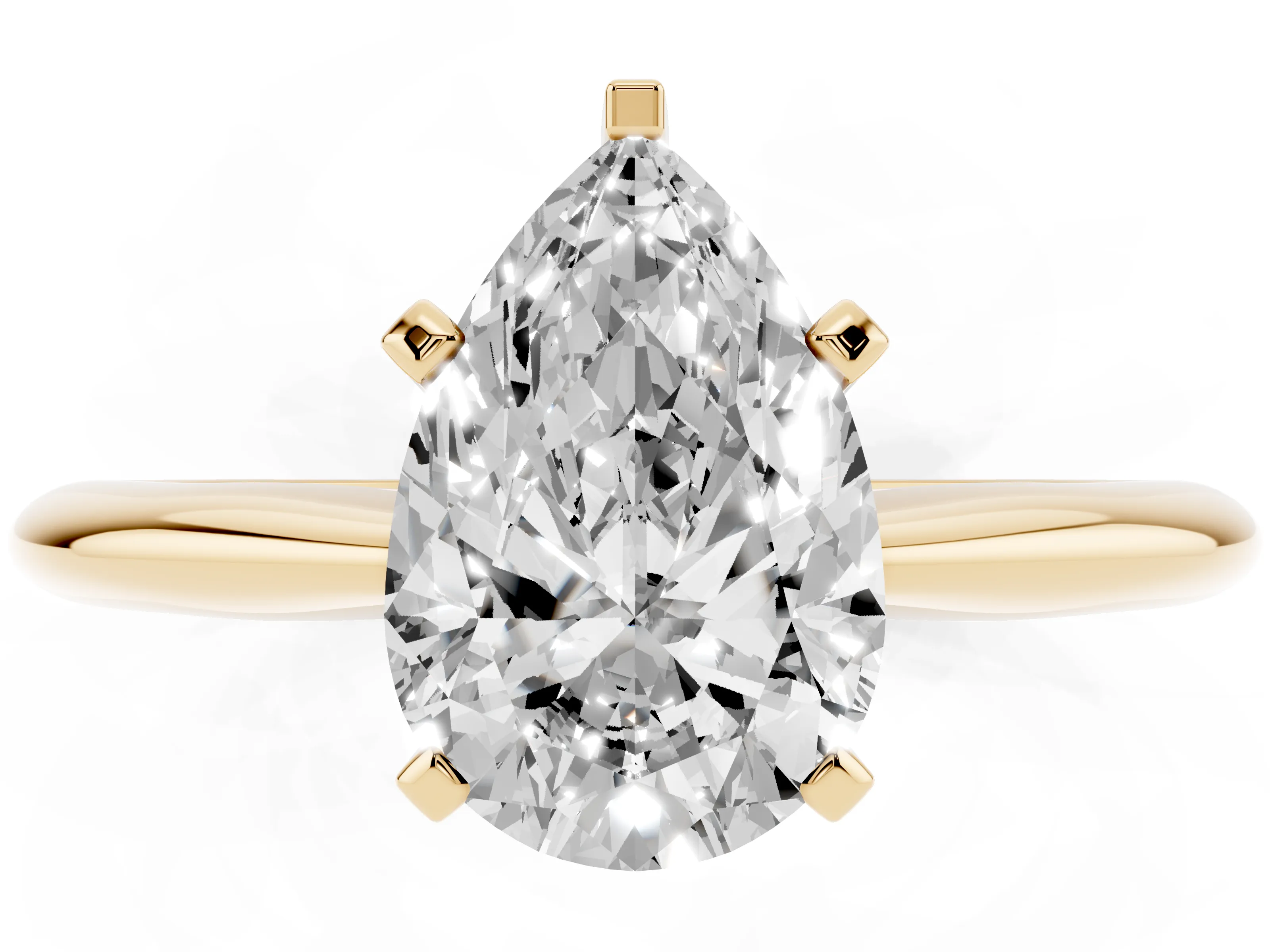 Pear Cut Diamond Solitaire Ring Set in Yellow gold with Prong Setting on a Plain Round Band