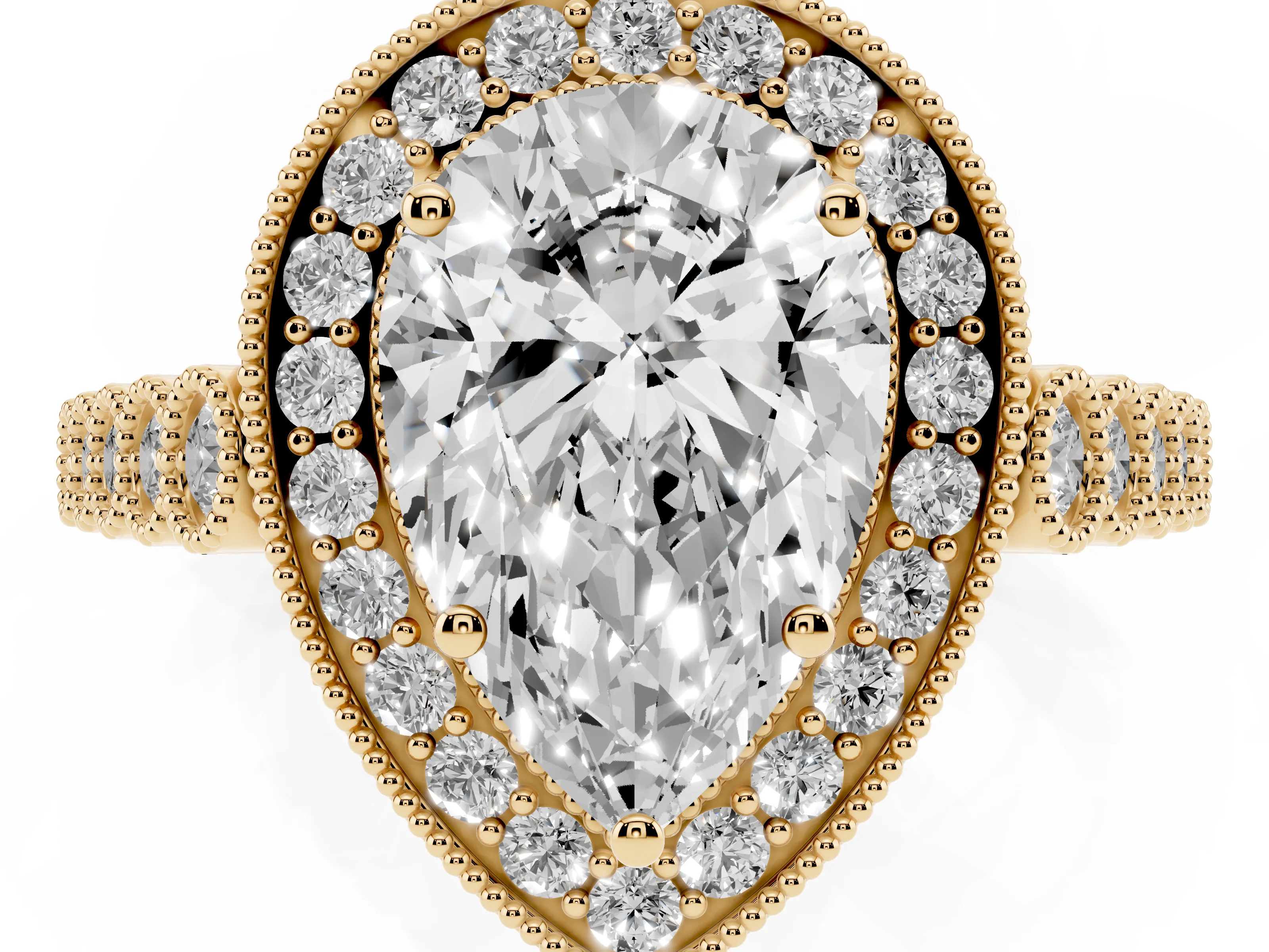 Pear Cut Diamond Milgrain Halo Solitaire Ring Set in Yellow gold with Bezel Set Side Stones and Pavé Band
