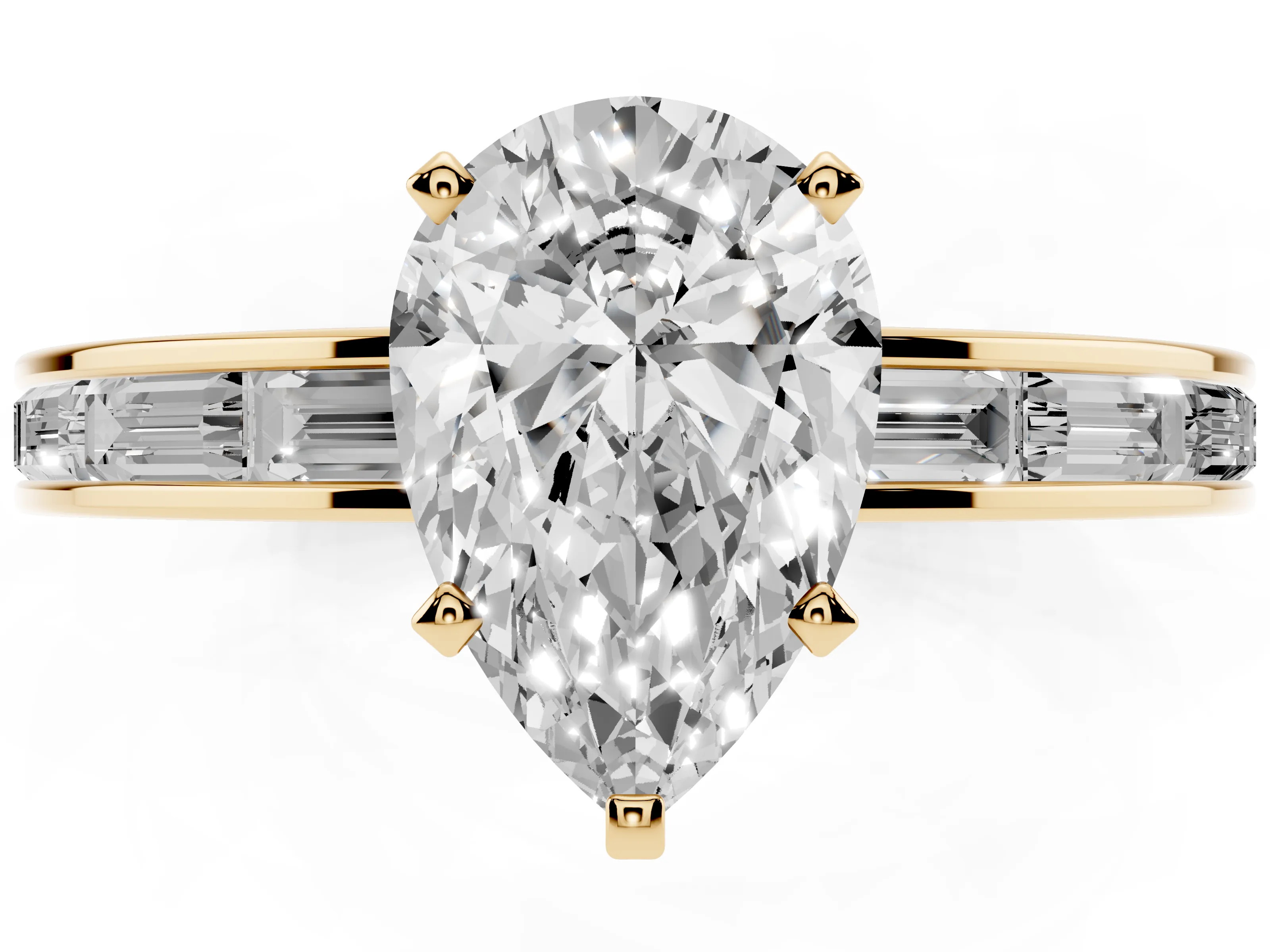 Pear Cut Diamond Solitaire Ring Set in Yellow gold with Channel-Set Baguette Band and Prong Setting