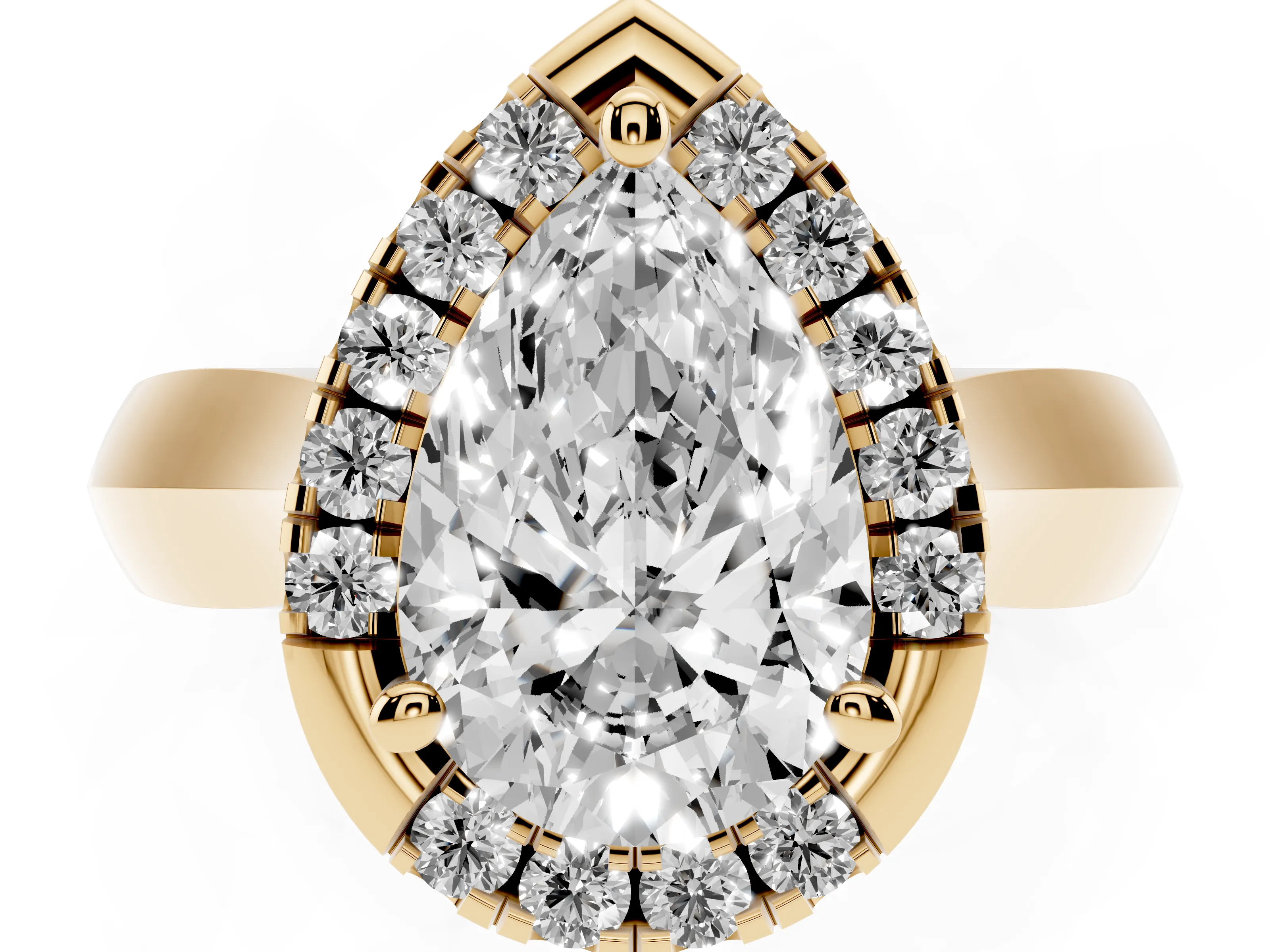Pear Cut Diamond Halo Solitaire Engagement Ring Set in Yellow gold with Square Band and Prong Setting