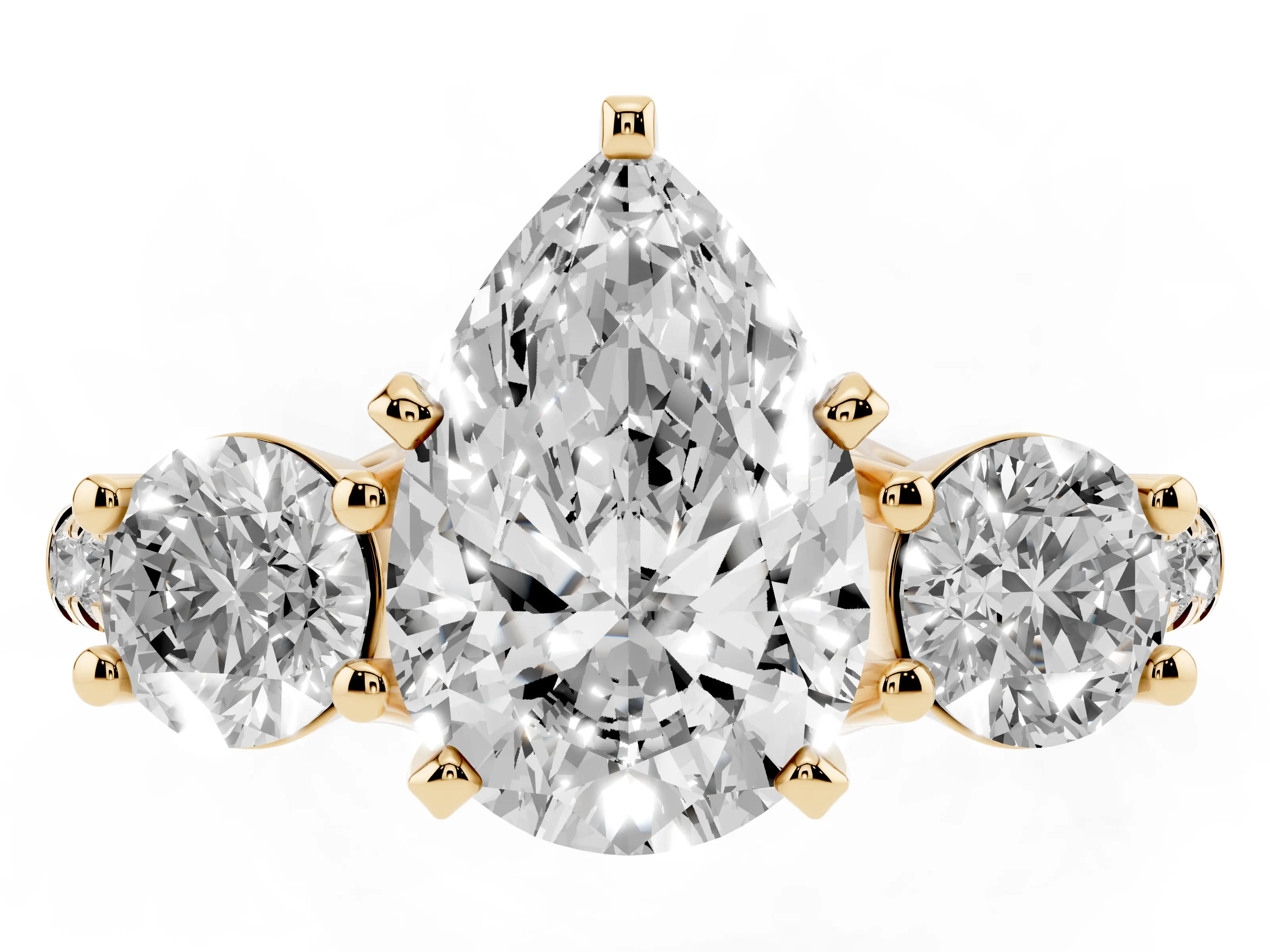 Three-Stone Pear Cut Diamond Pavé Band Ring Set in Yellow gold with Prong-Set Trio