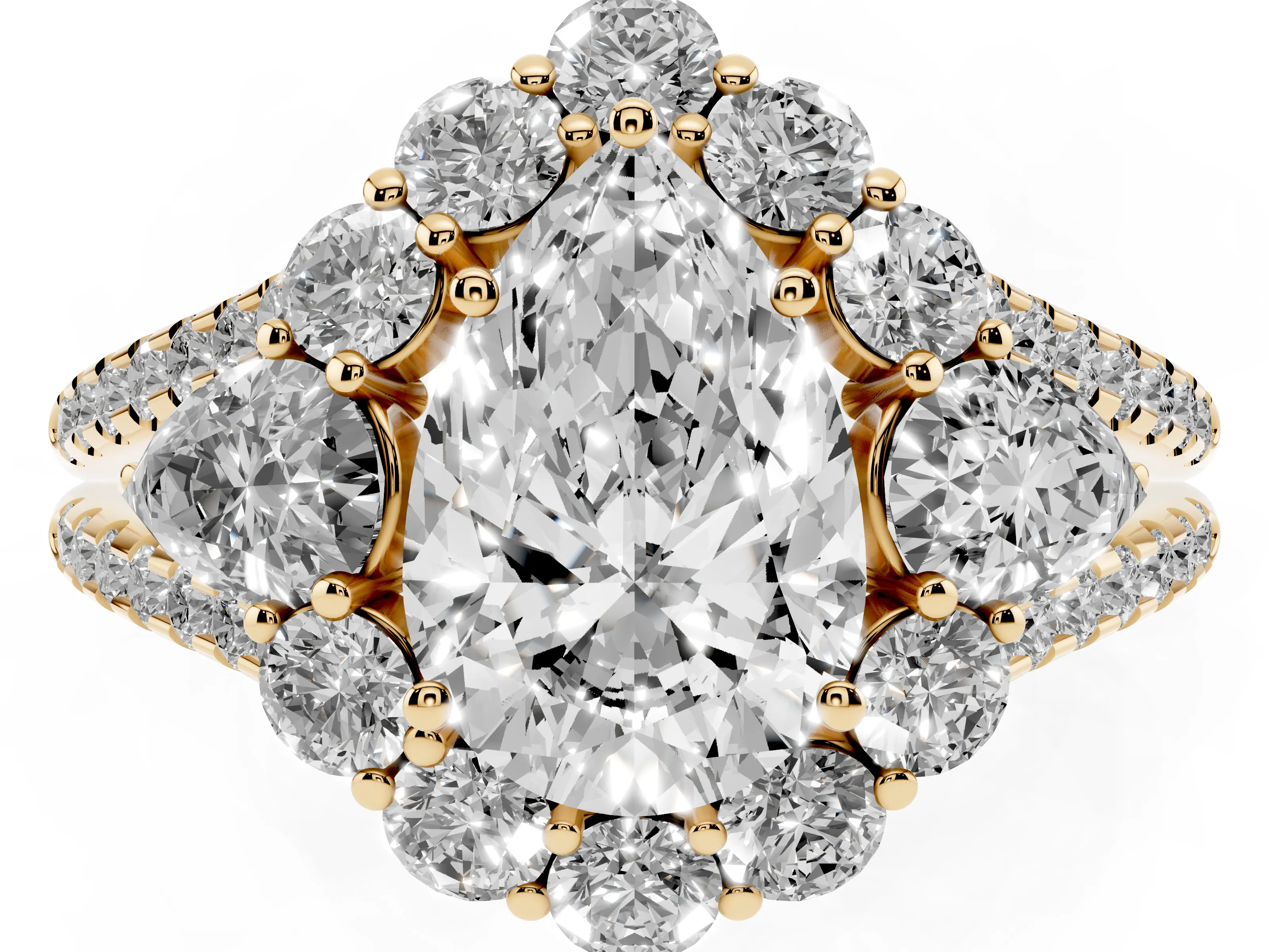 Pear Cut Diamond Halo Split Shank Engagement Ring Set in Yellow gold with Prong-Held Center Stone