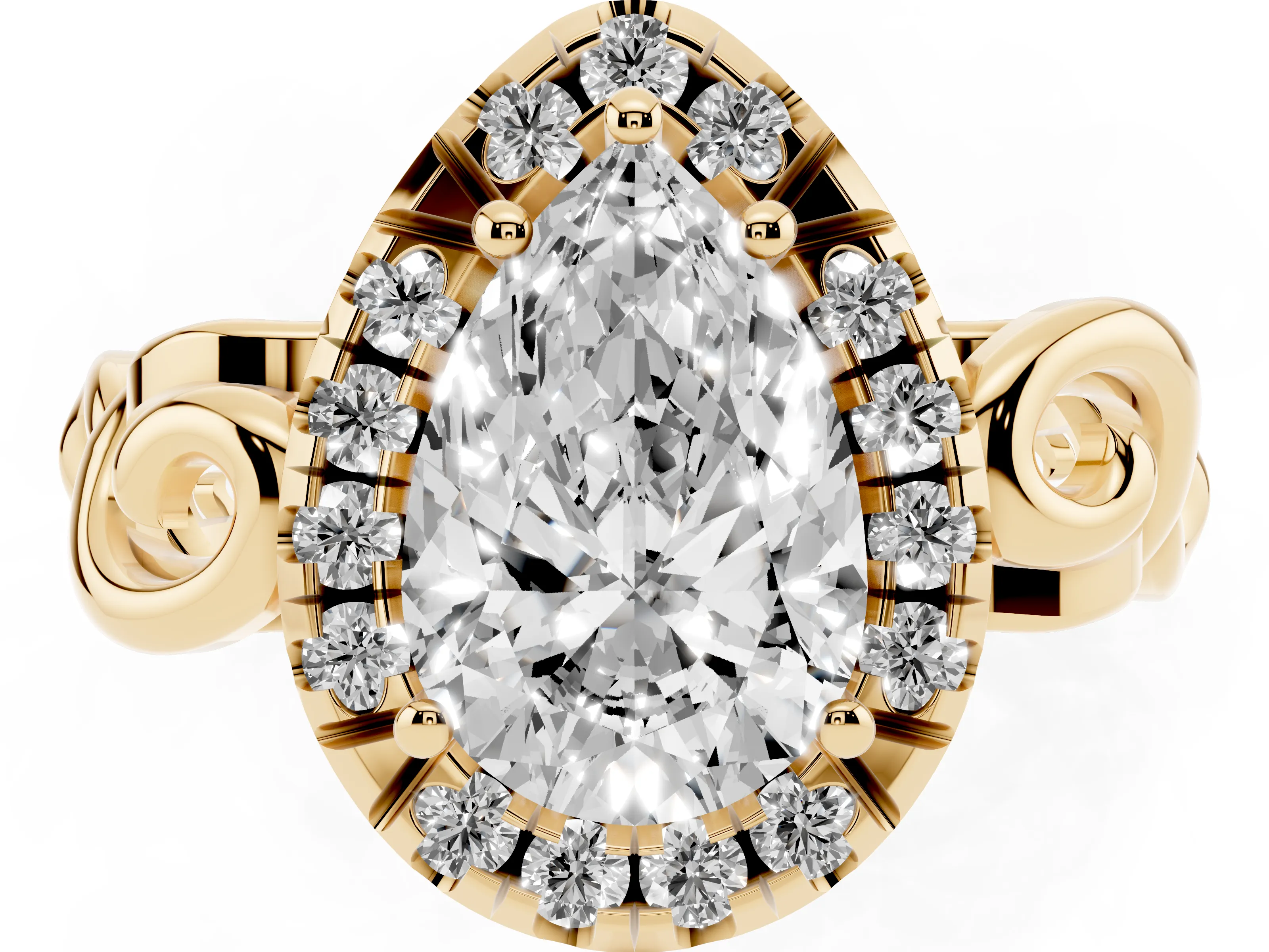 Pear Cut Diamond Halo Ring Set in Yellow gold with Scrollwork Band and Prong Setting