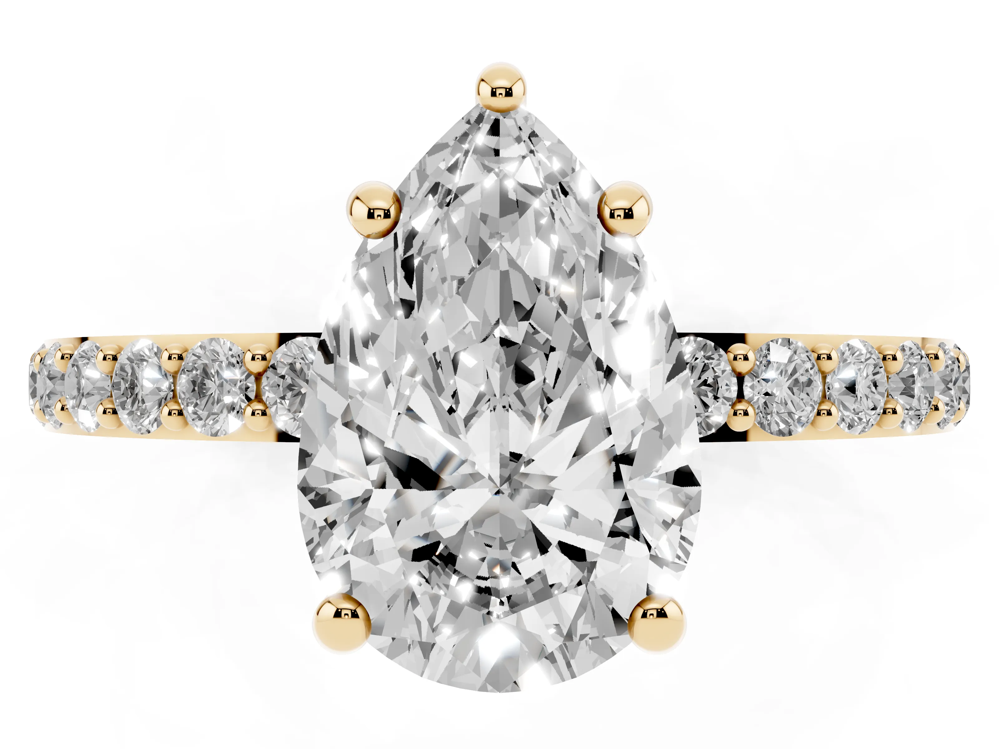 Pear Cut Diamond Solitaire Ring Set in Yellow gold with Round Pavé Band and Prong Setting