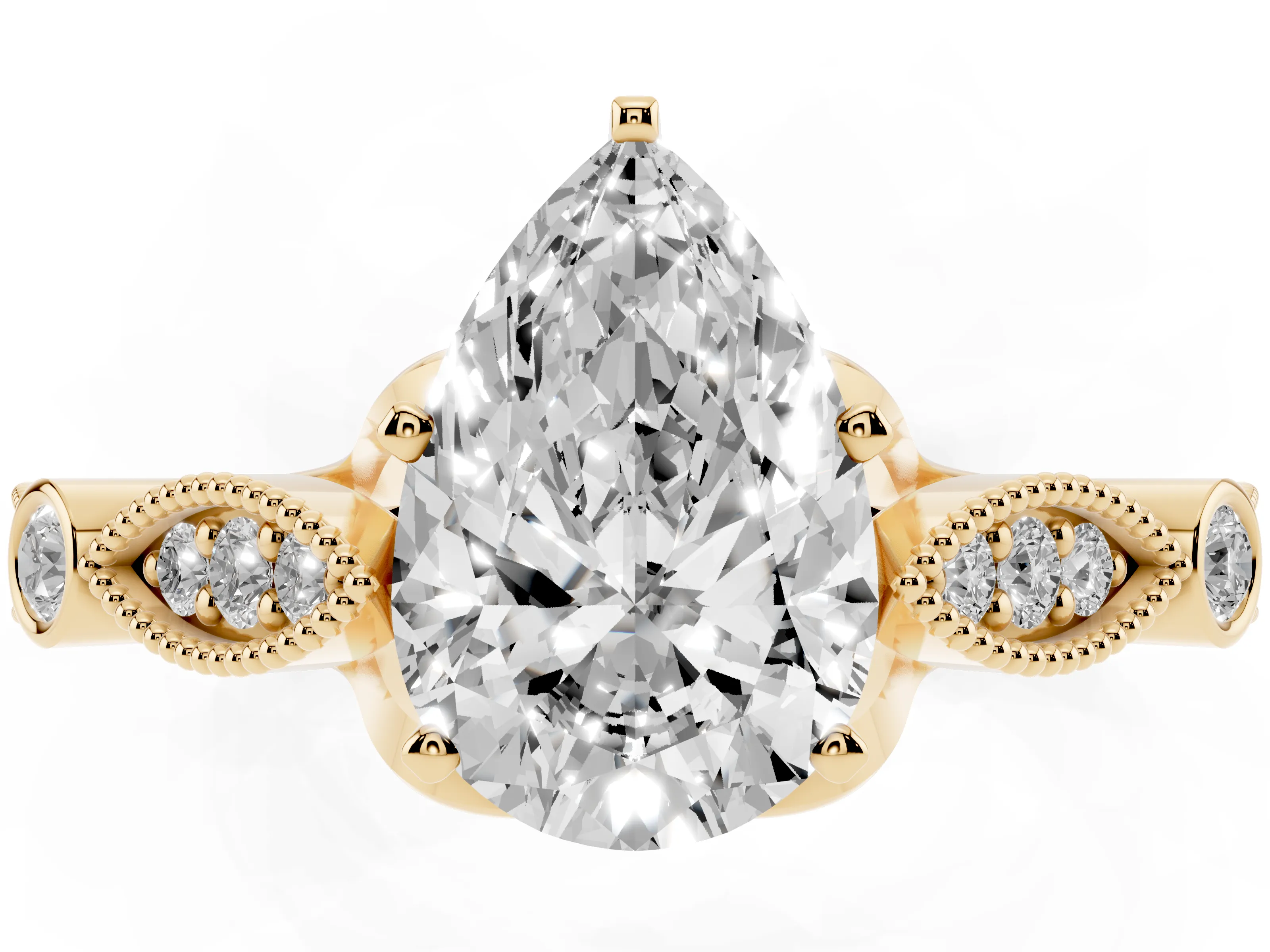 Pear Cut Diamond Solitaire Ring Set in Yellow gold with Milgrain Marquise and Bezel Accents