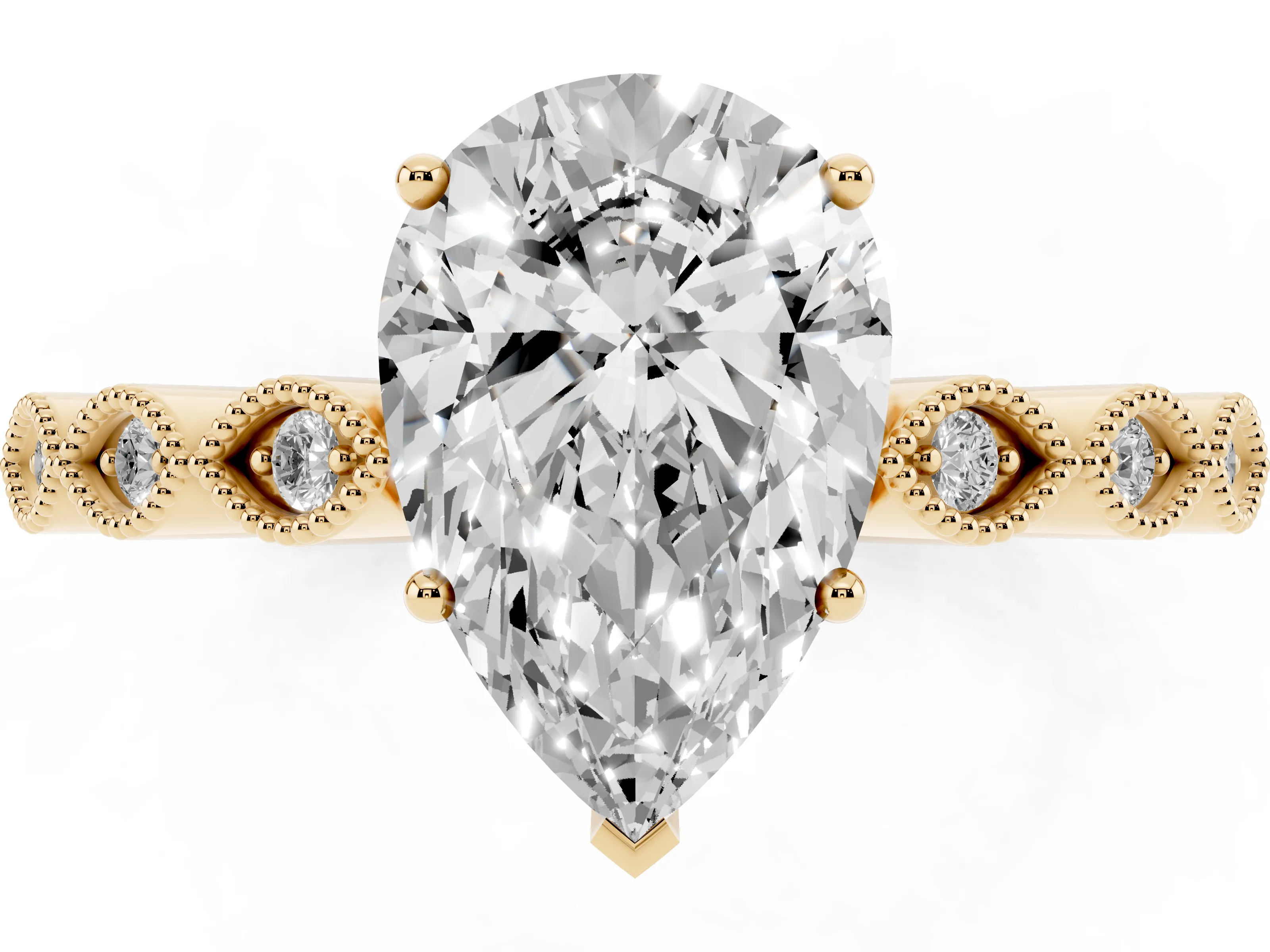 Pear Cut Diamond Solitaire Ring Set in Yellow gold with Infinity Twist Pavé Band