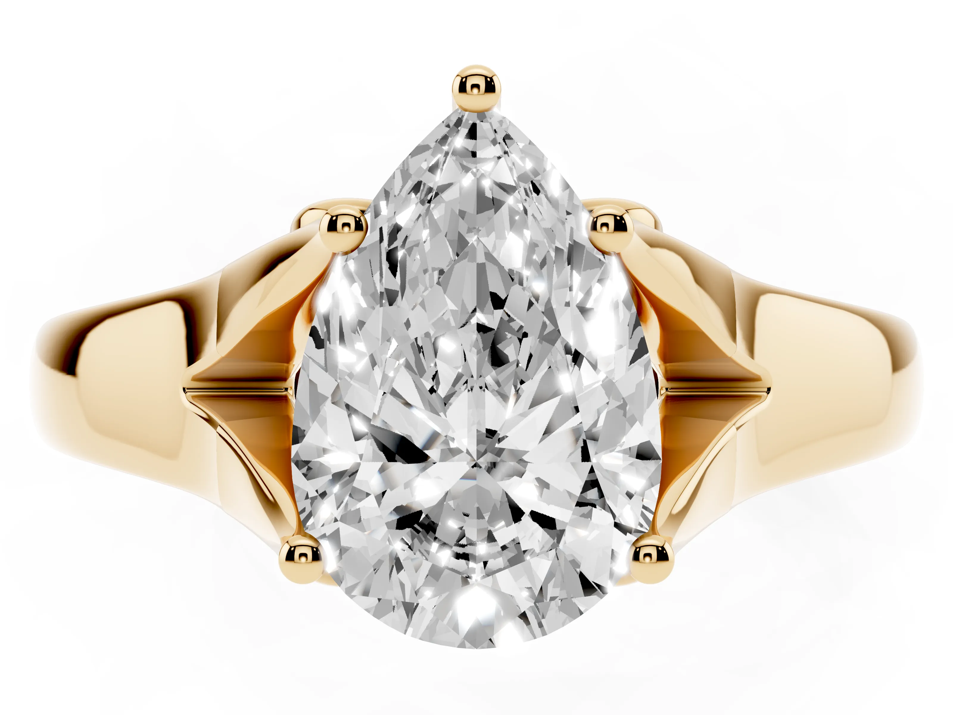 Pear Cut Diamond Solitaire Ring Set in Yellow gold with Arched Cathedral Band and Prong Setting