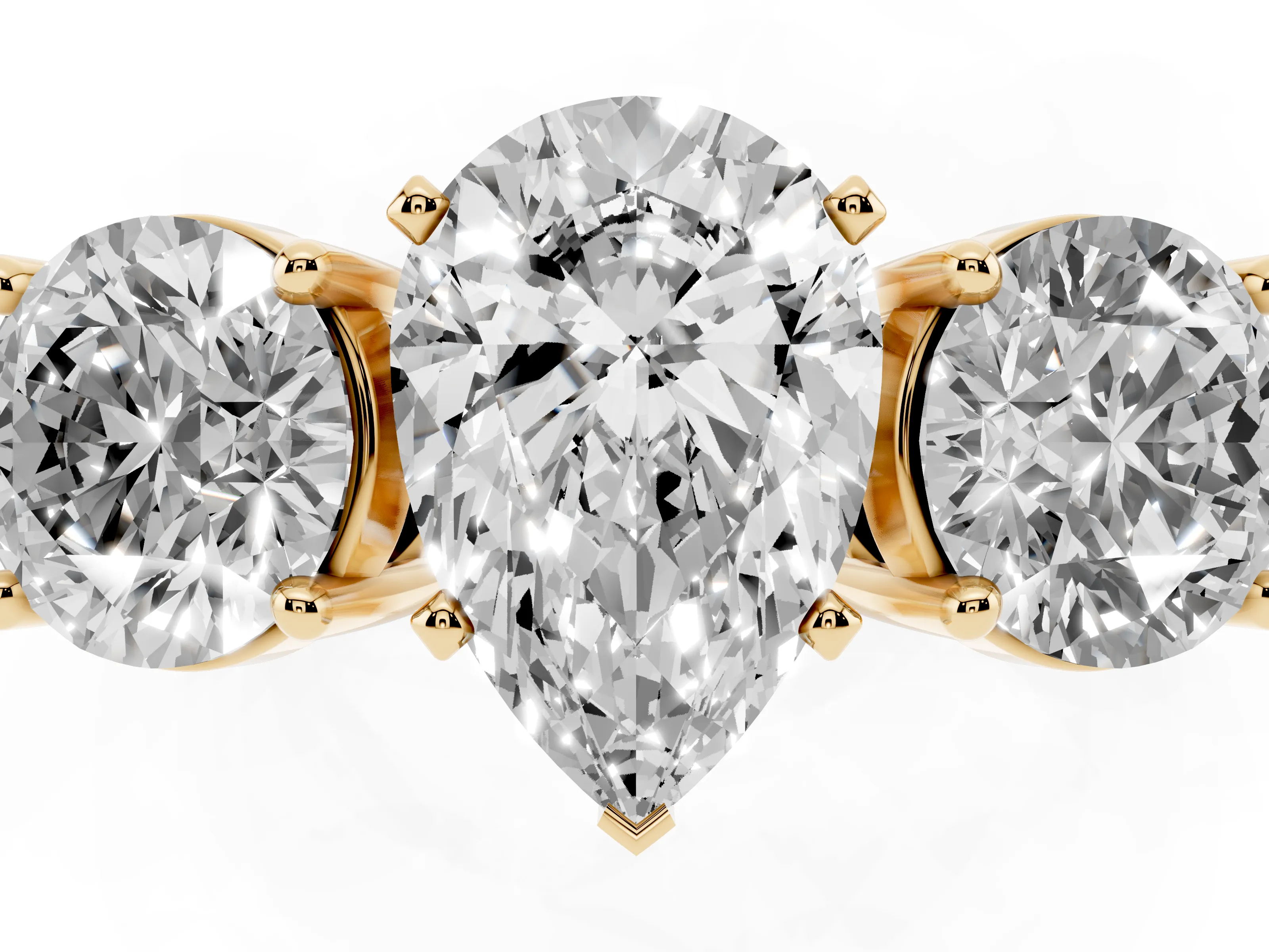 Pear Cut Diamond Three-Stone Ring Set in Yellow gold with Round Side Stones and Classic Band