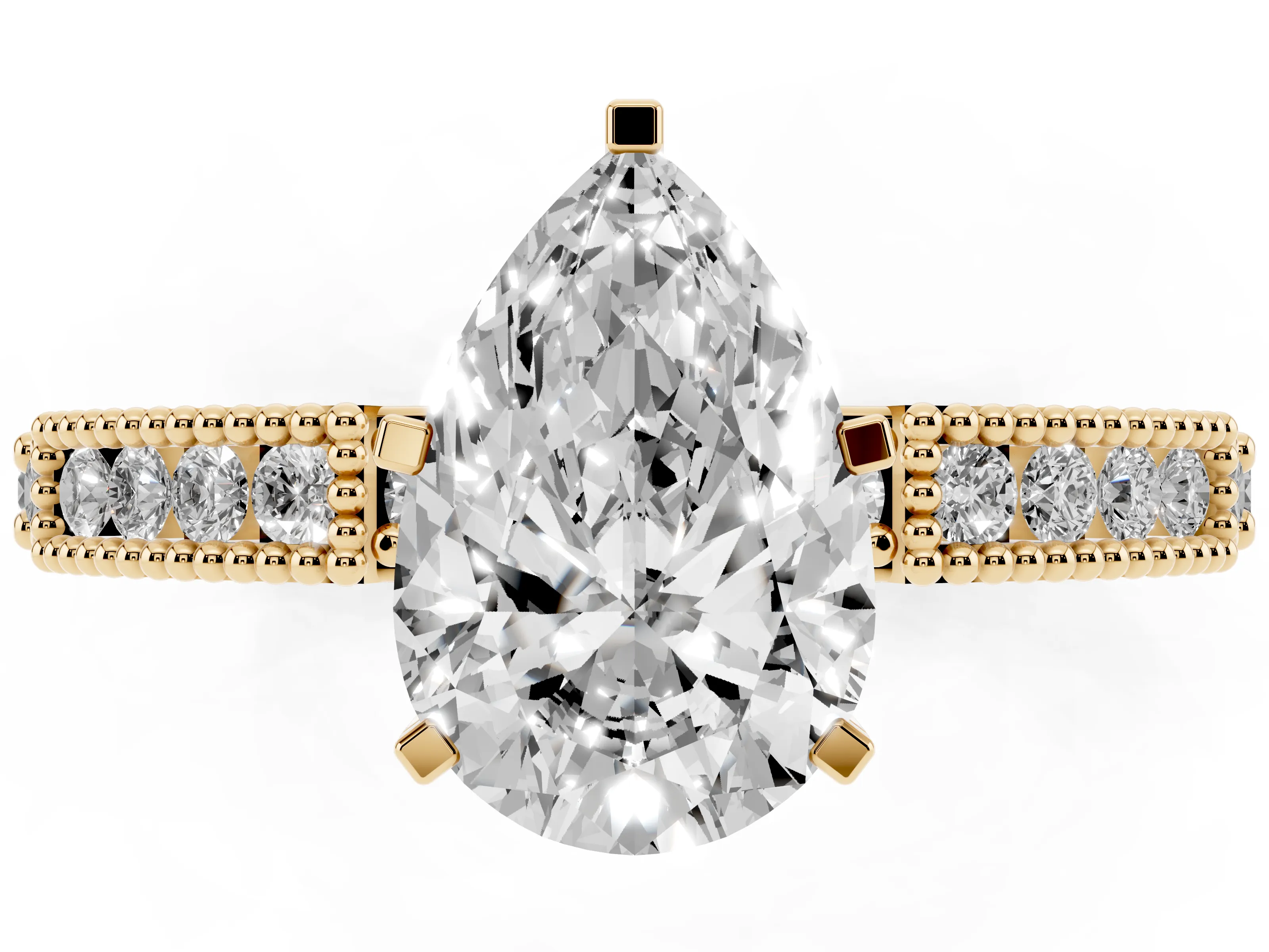Pear Cut Diamond Solitaire Ring Set in Yellow gold with Slim Pavé Band and Prong Setting
