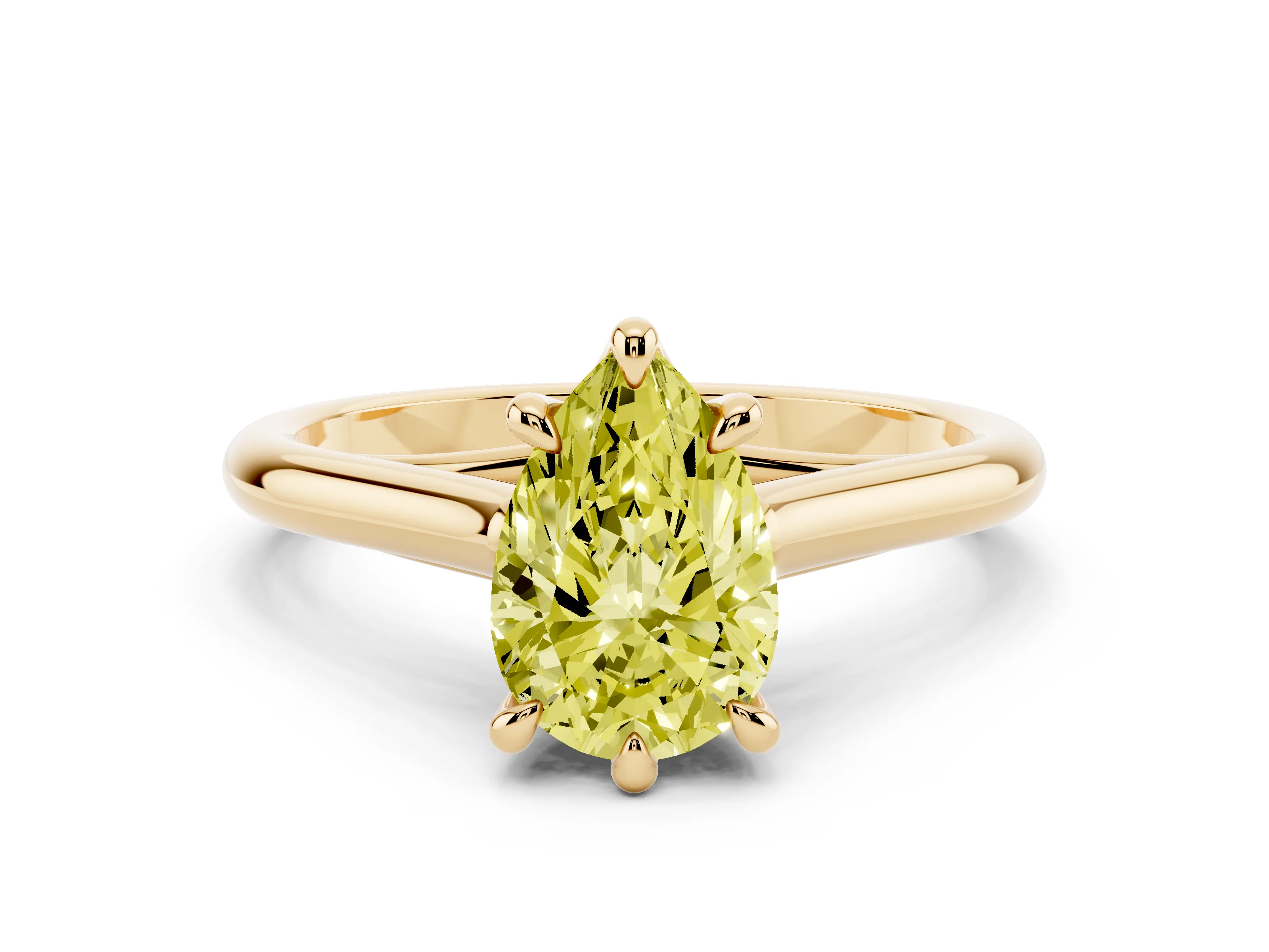 Fancy Yellow Pear Cut Diamond Solitaire Engagement Ring Set in Yellow gold with Prong Setting and Plain Classic Band