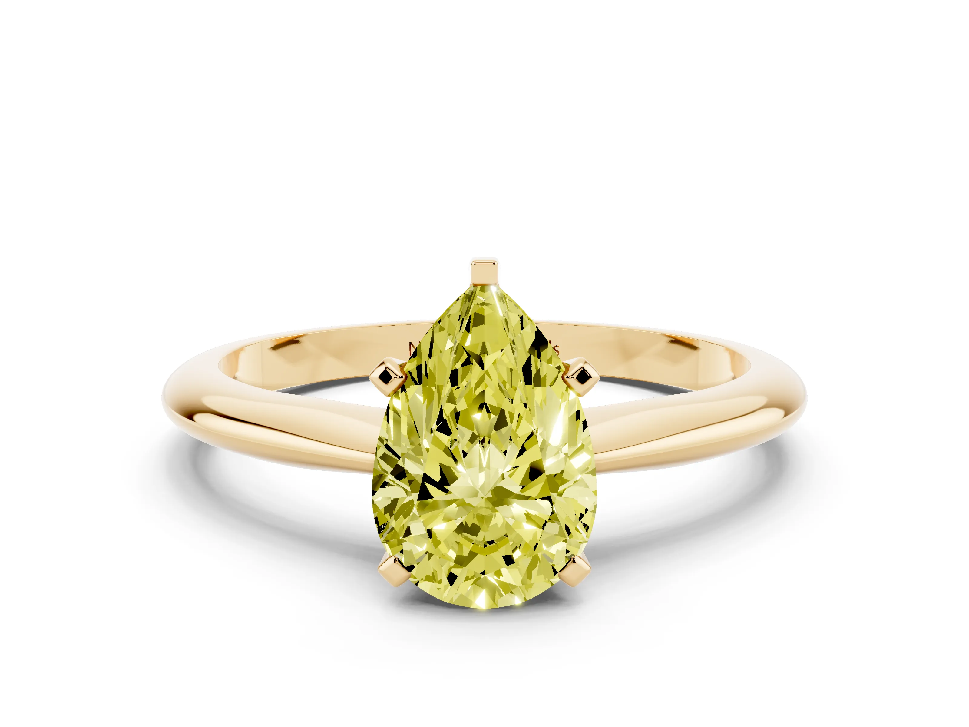 Fancy Yellow Pear Cut Diamond Solitaire Ring Set in Yellow gold with Prong Setting on a Plain Round Band