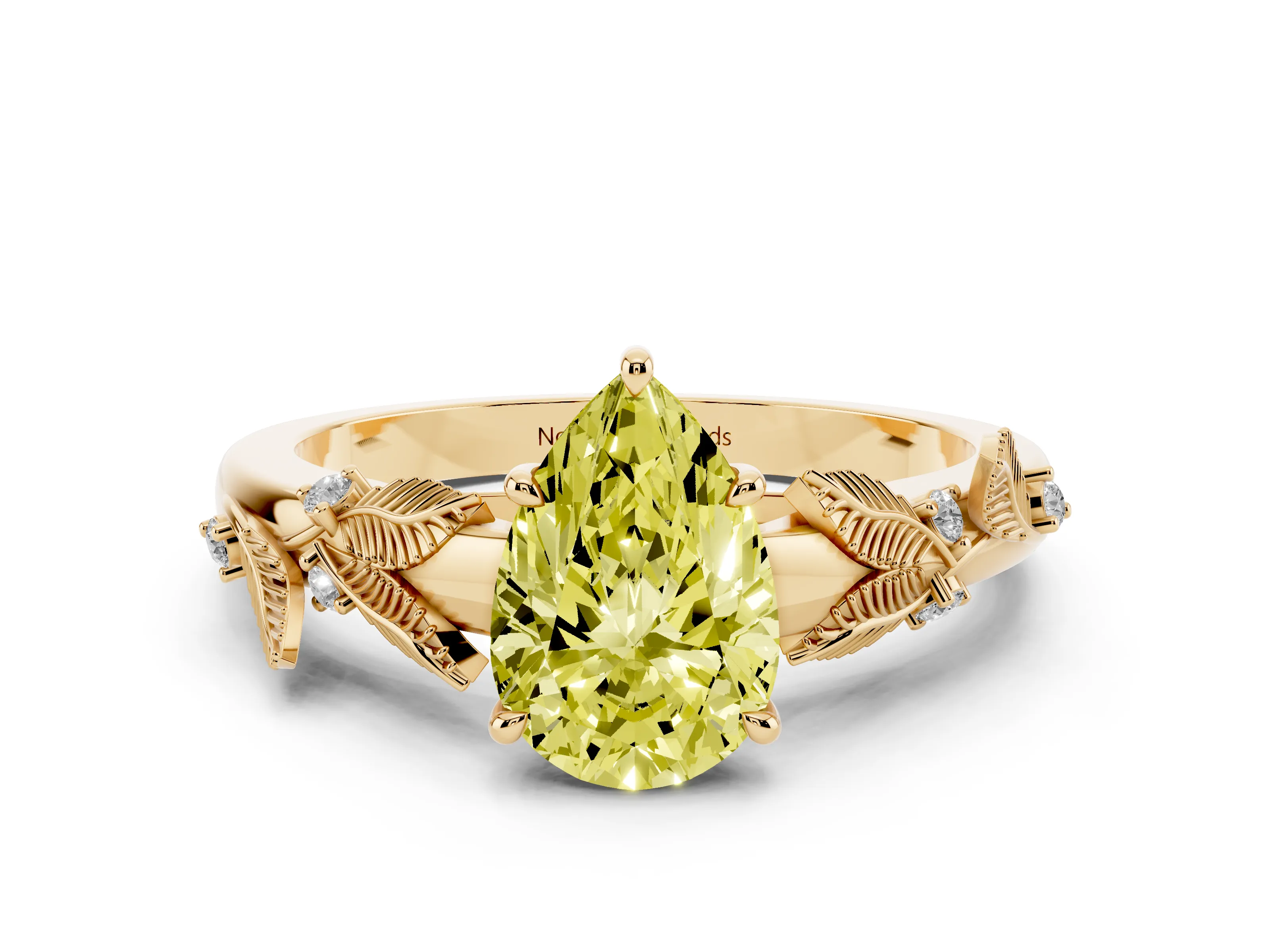 Fancy Yellow Pear Cut Diamond Solitaire Ring Set in Yellow gold with Leaf Motif Band