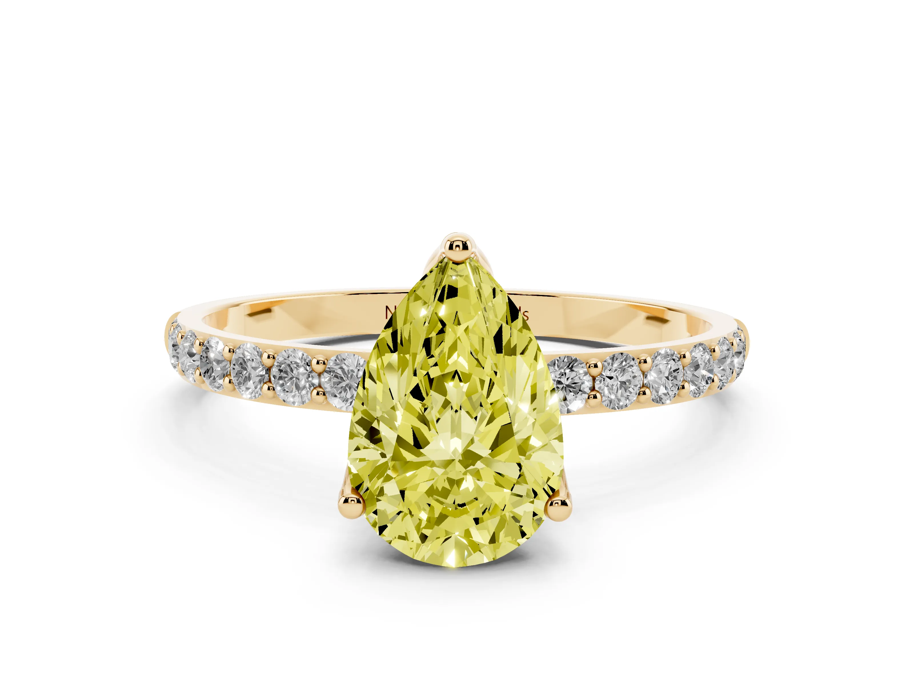 Fancy Yellow Pear Cut Diamond Solitaire Engagement Ring Set in Yellow gold with Round Pavé Band and Prong Setting