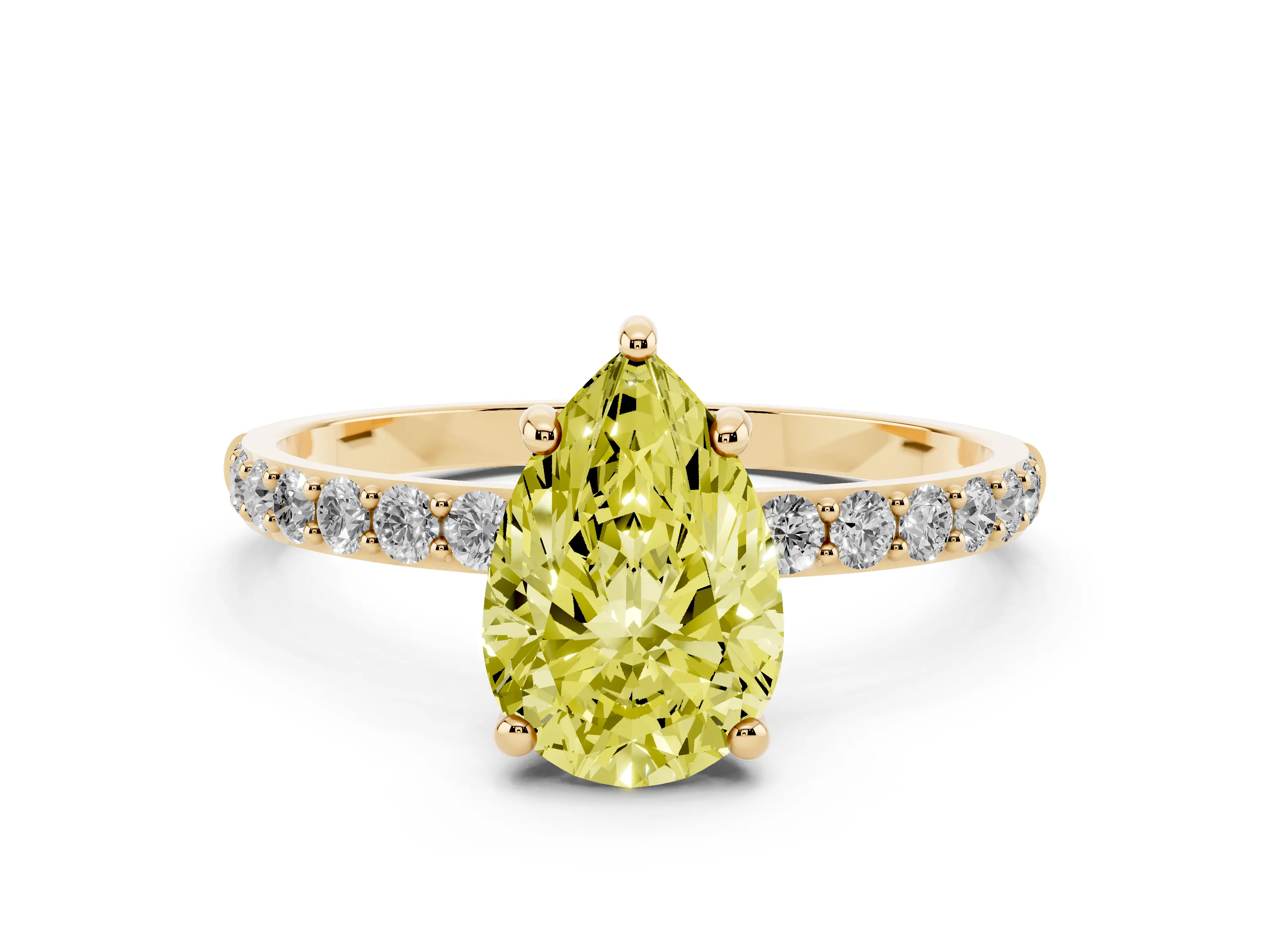 Fancy Yellow Pear Cut Diamond Solitaire Ring Set in Yellow gold with Round Pavé Band and Prong Setting