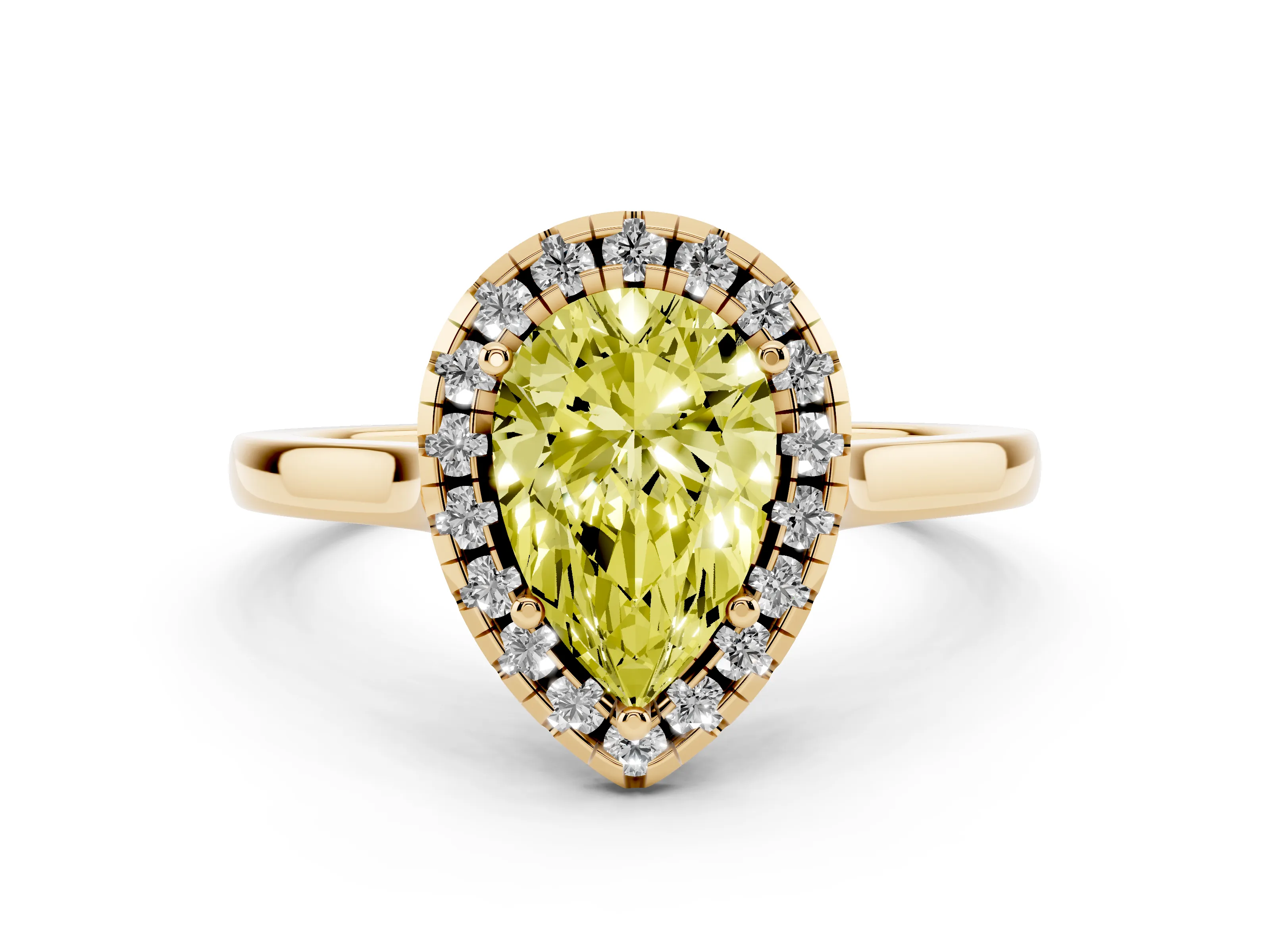 Fancy Yellow Pear Cut Halo Round Diamond Solitaire Ring Set in Yellow gold with Pavé Band and Prong Setting