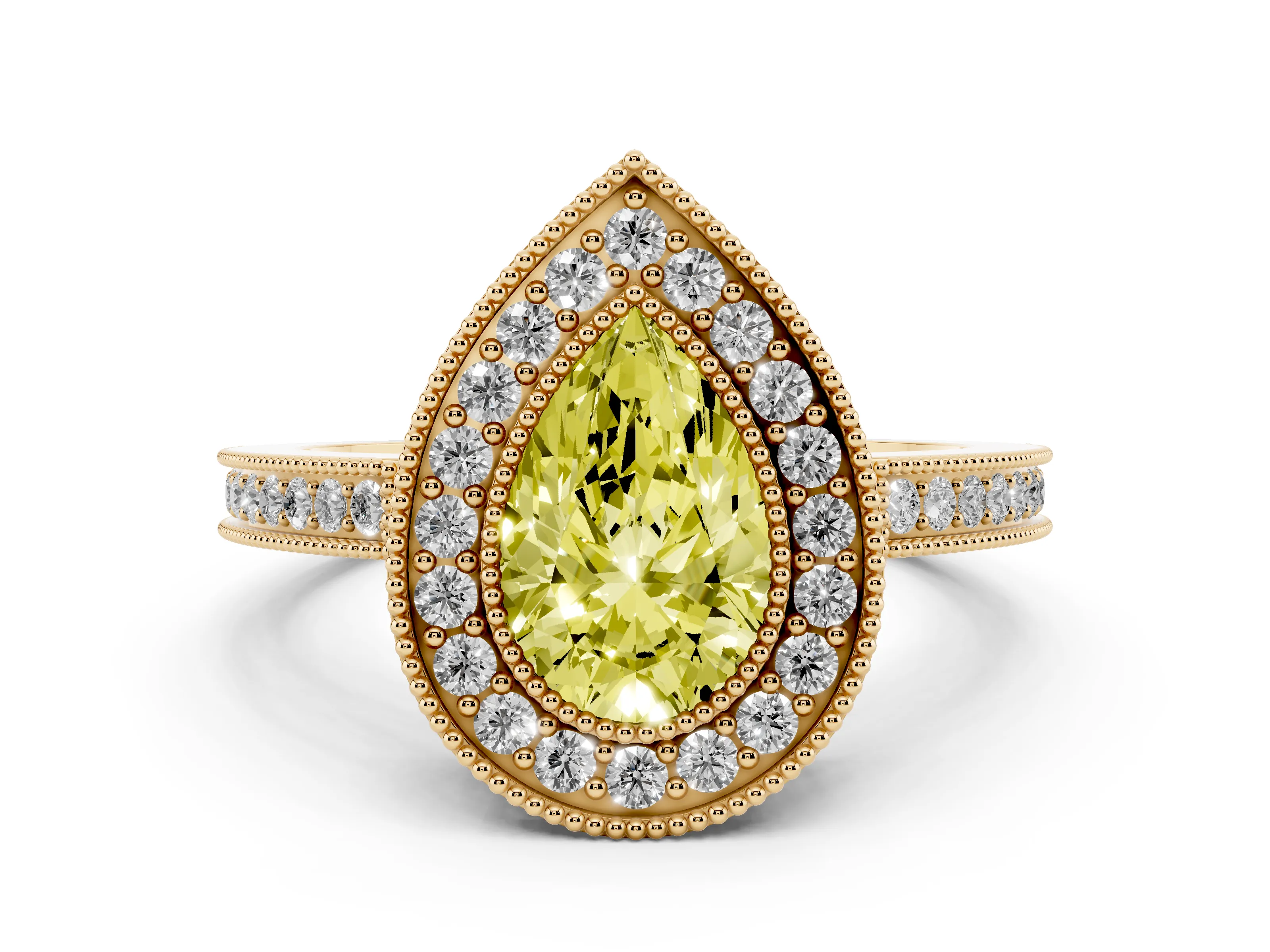 Fancy Yellow Pear Cut Diamond Halo Ring Set in Yellow gold with Pavé Band and Milgrain-Edged Prongs