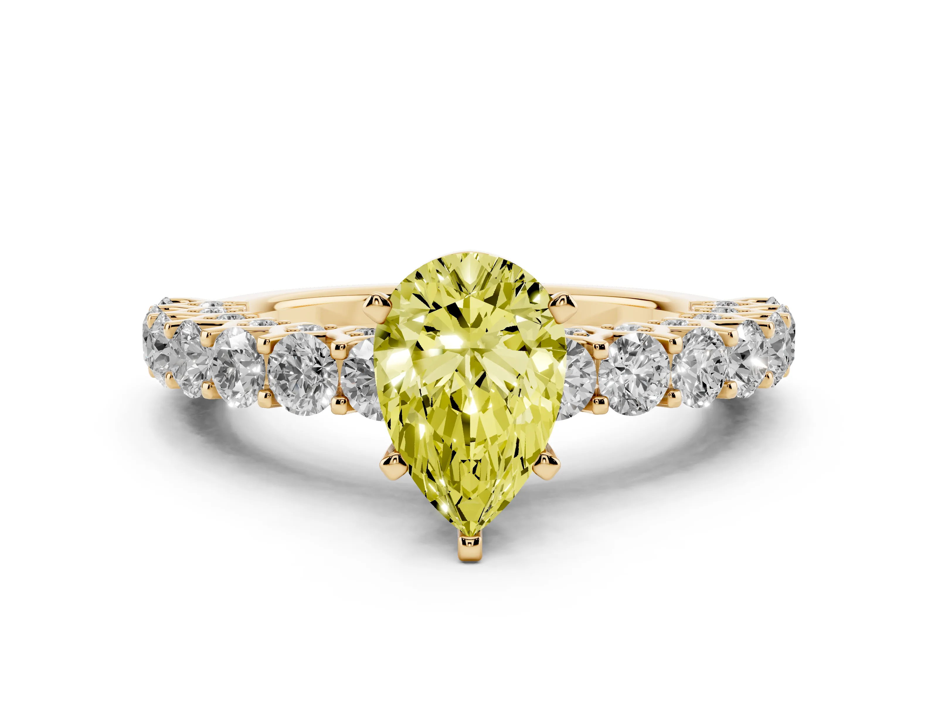 Fancy Yellow Pear Cut Diamond Solitaire Ring Set in Yellow gold with Shared Prong Pavé Band