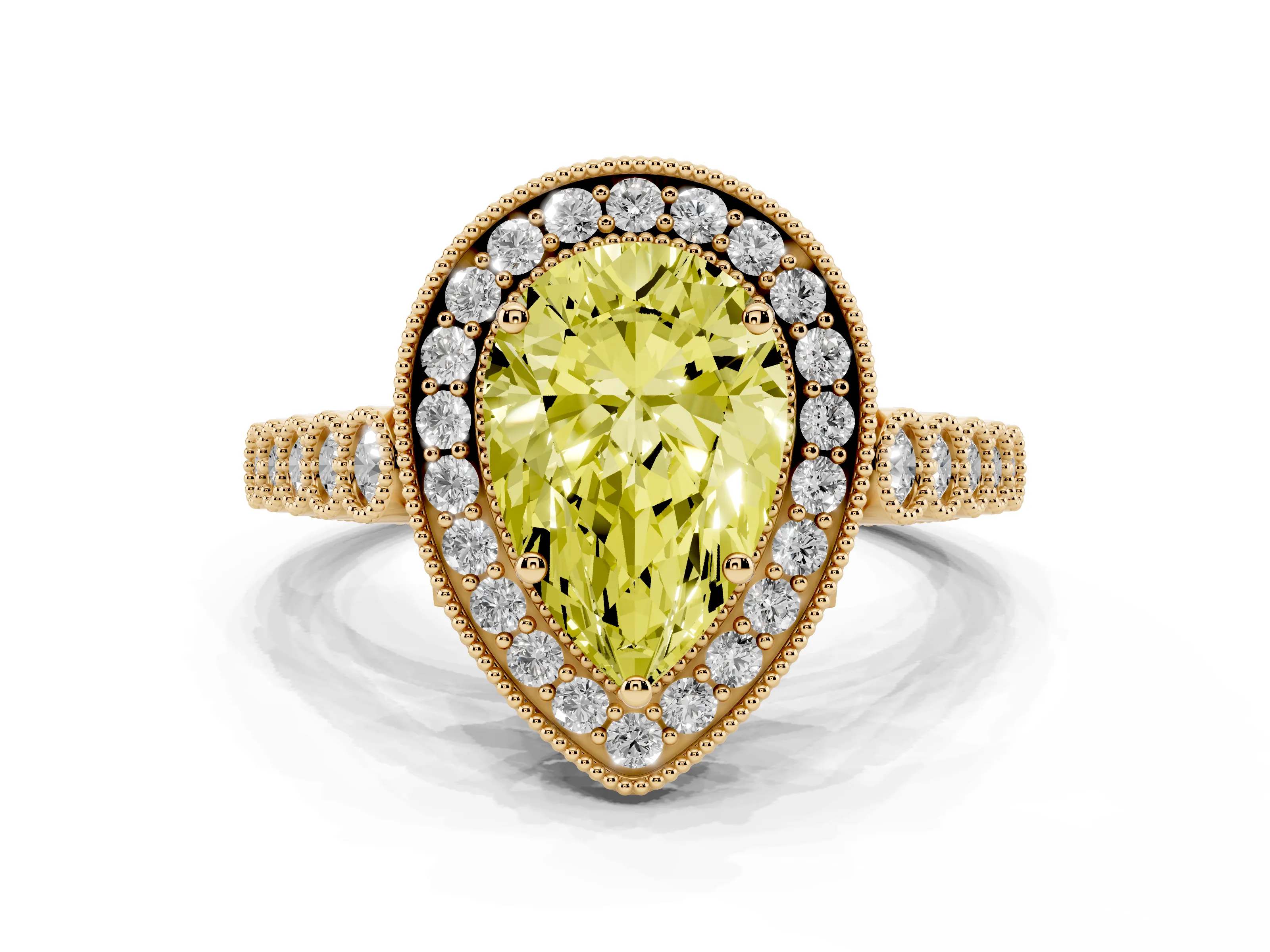 Fancy Yellow Pear Cut Diamond Milgrain Halo Solitaire Ring Set in Yellow gold with Bezel Set Side Stones and Pavé Band
