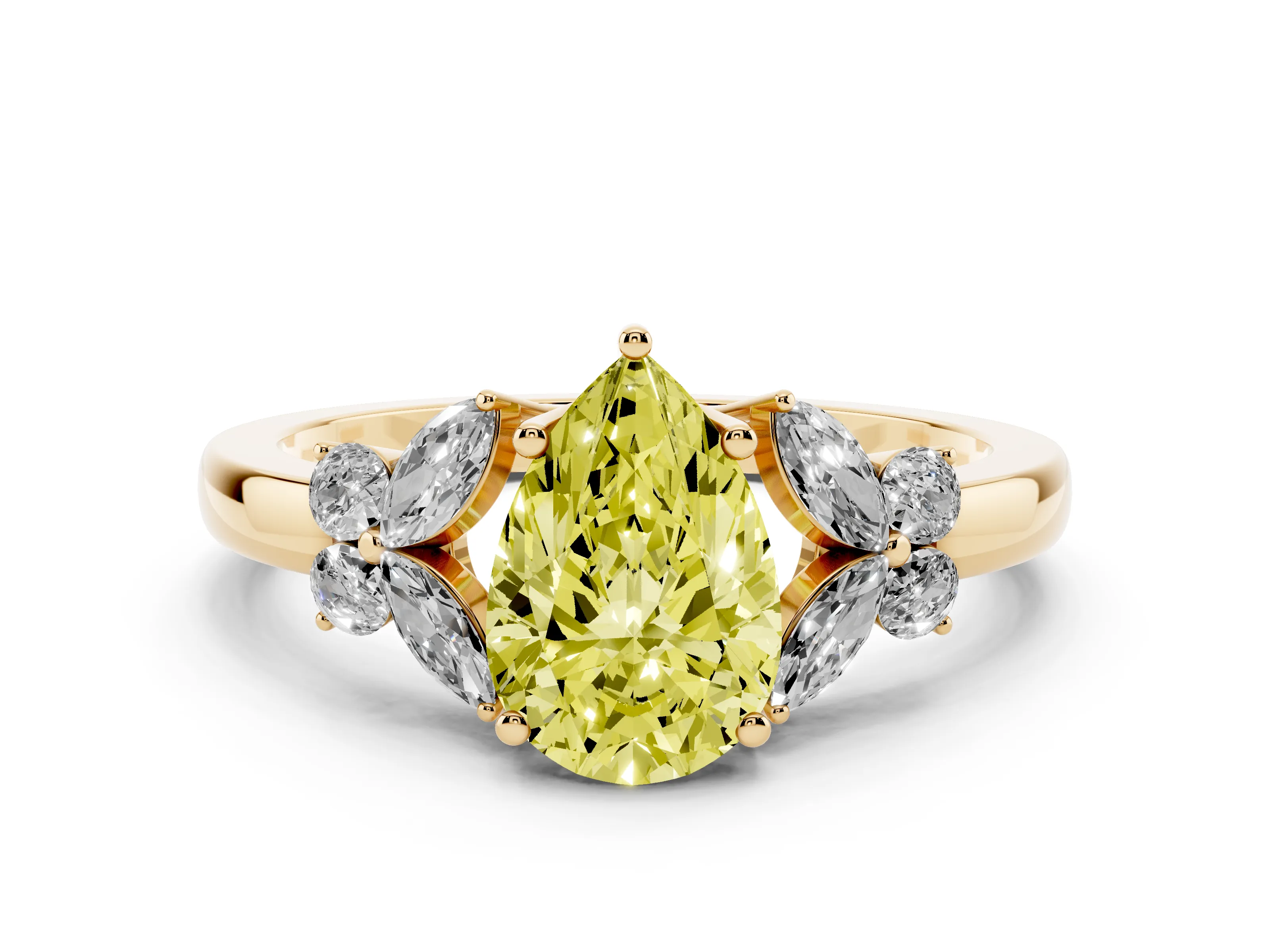 Fancy Yellow Pear Cut Diamond Solitaire Floral Ring Set in Yellow gold with Marquise Petals and Prong Setting