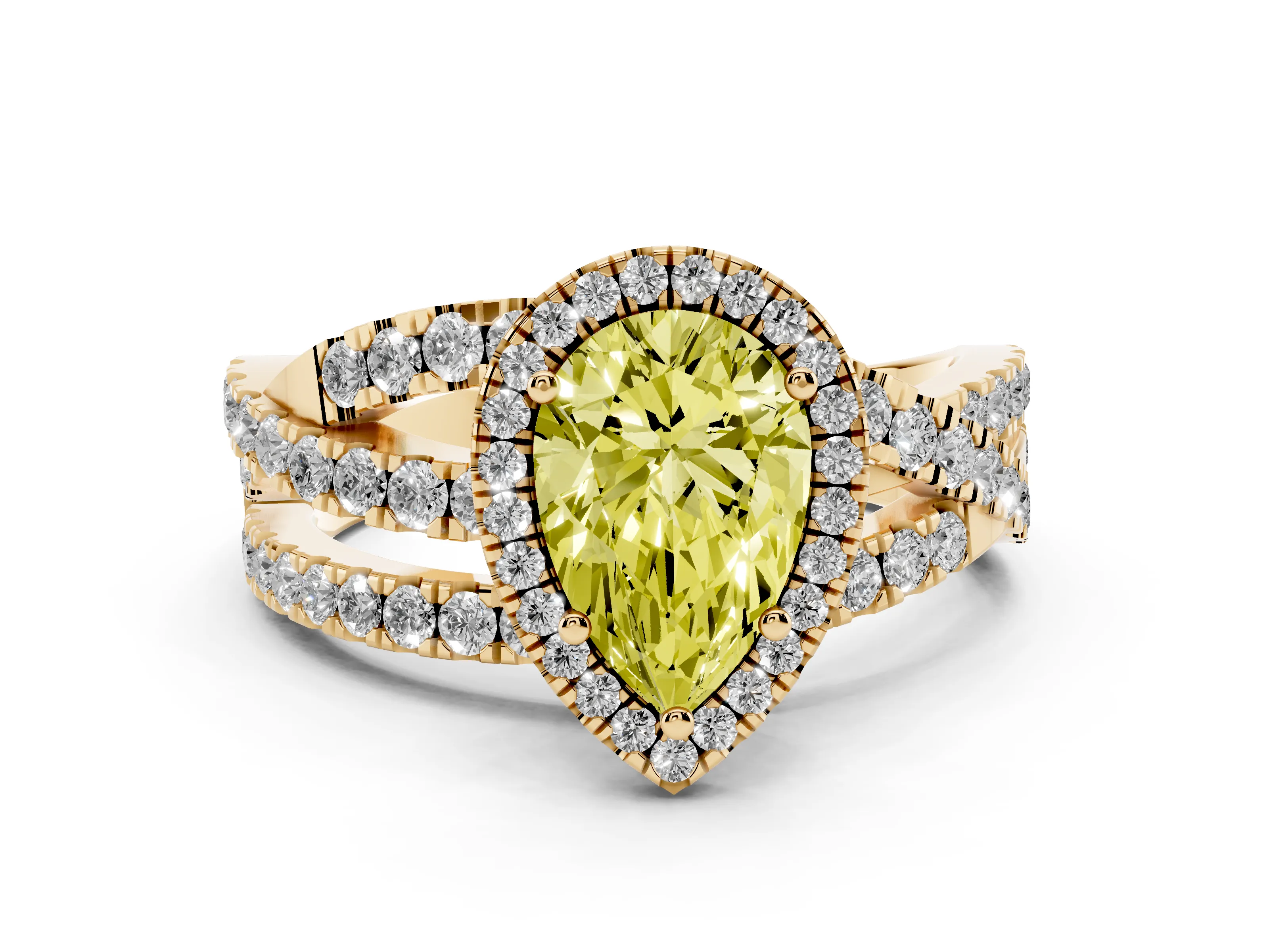 Fancy Yellow Pear Cut Diamond Halo Ring Set in Yellow gold with Round Crossover Split Shank and Prong Setting