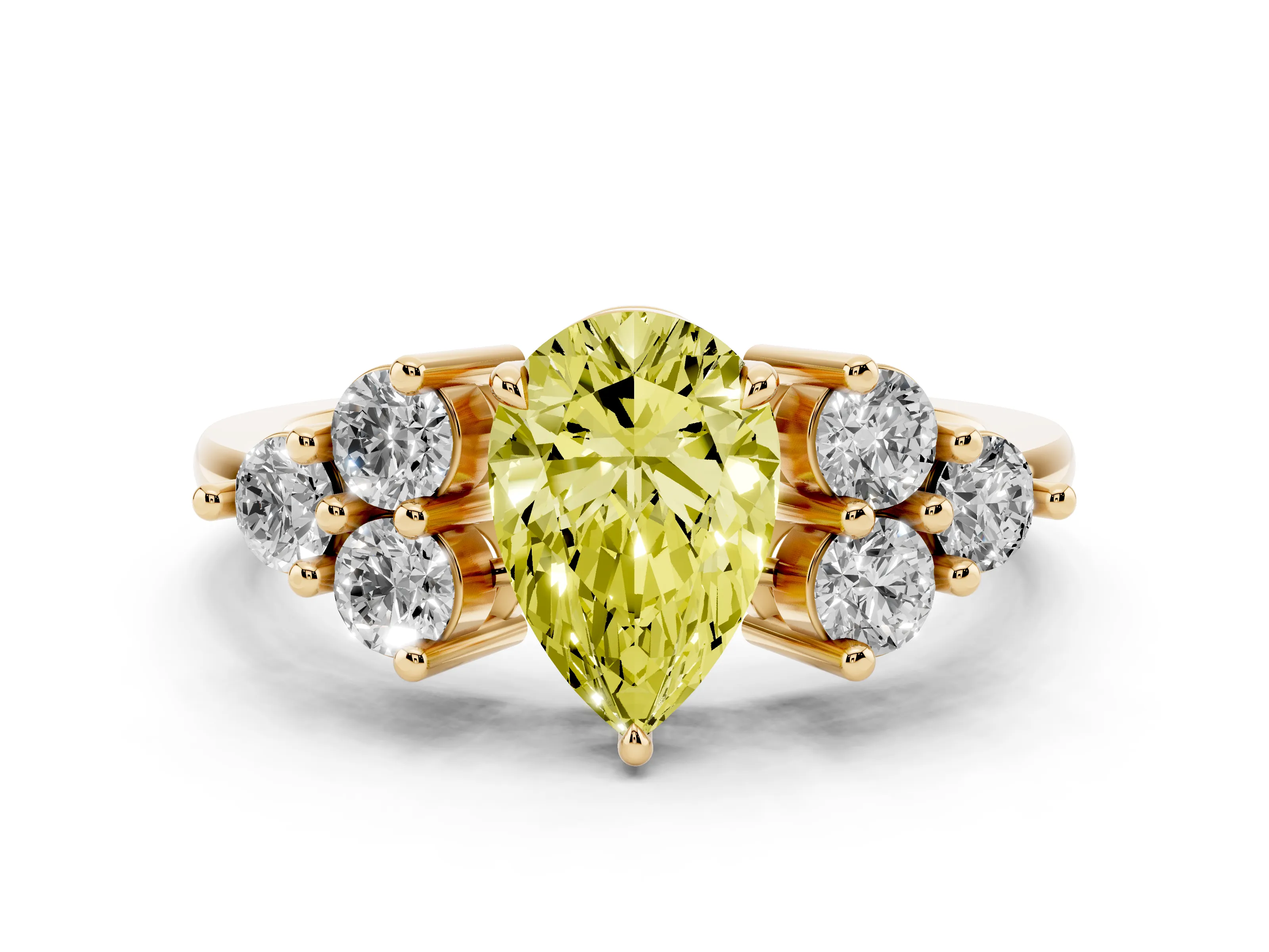Fancy Yellow Pear Cut Diamond Solitaire Ring Set in Yellow gold with Cluster Accents on Each Side