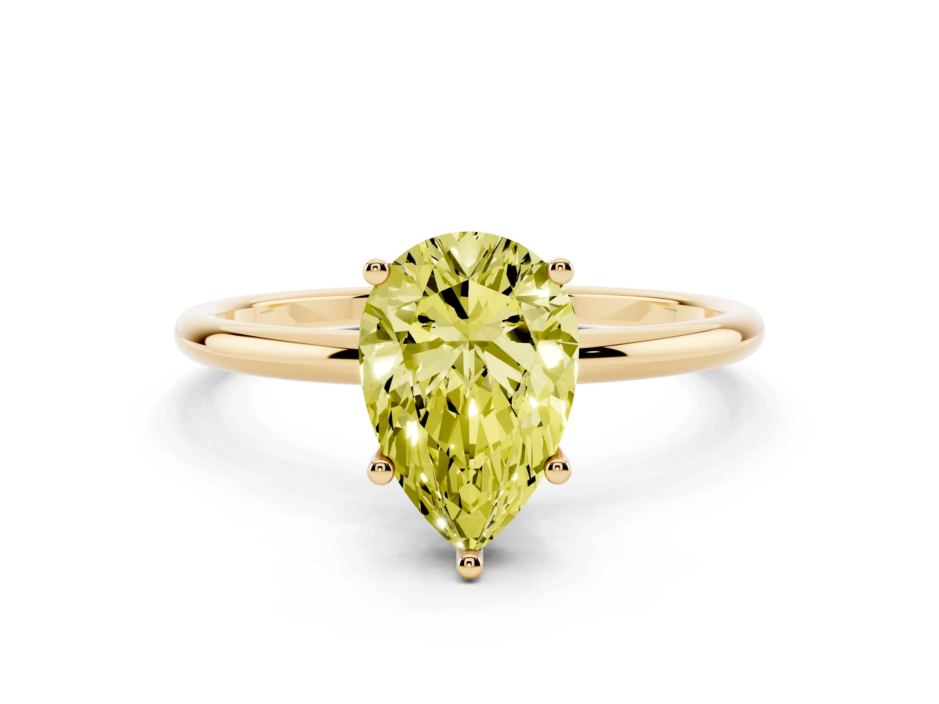 Fancy Yellow Pear Cut Diamond Solitaire Engagement Ring Set in Yellow gold with Thin Band and Prong Setting