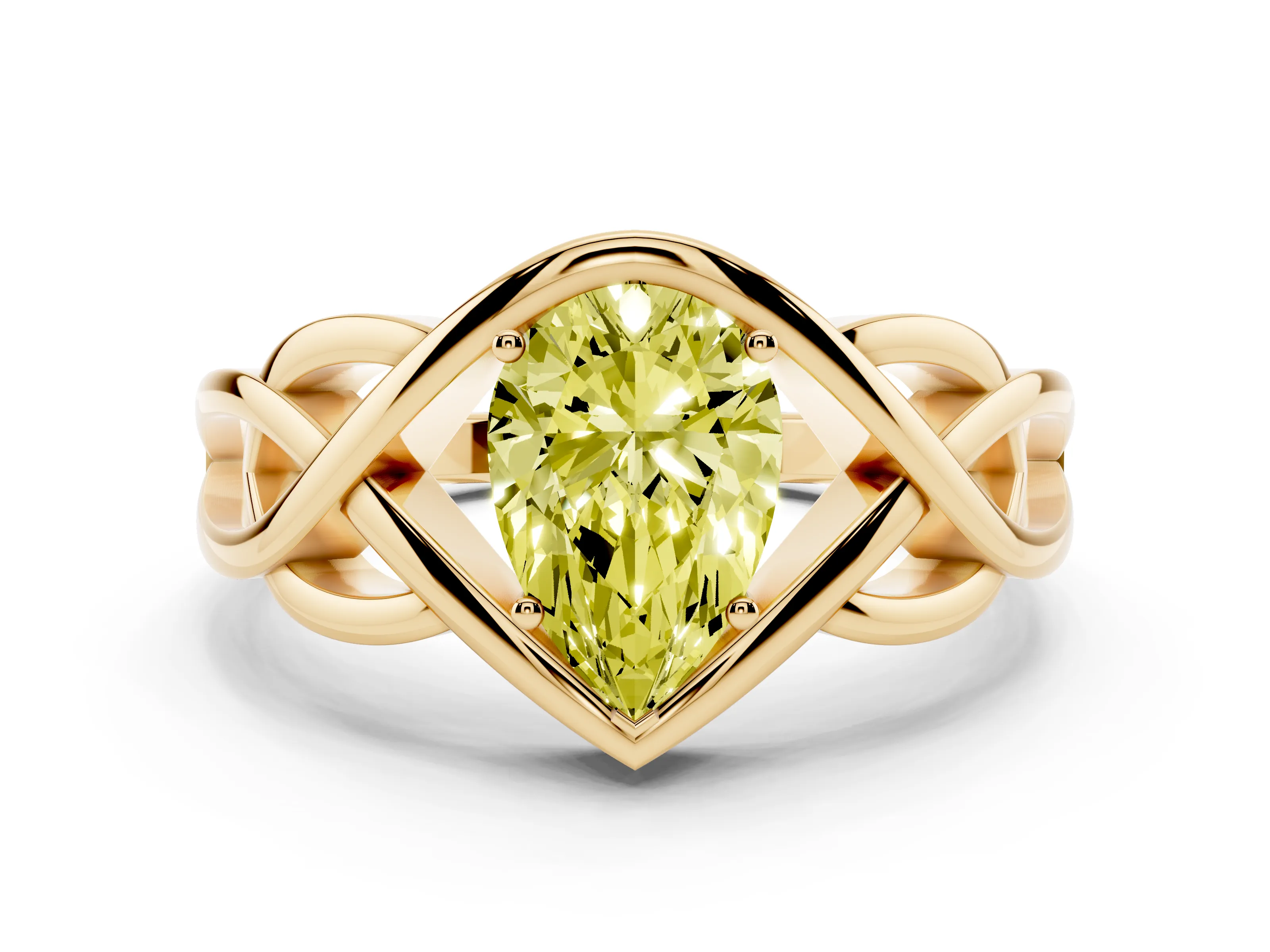 Fancy Yellow Pear Cut Diamond Solitaire Ring Set in Yellow gold with Intertwined Band