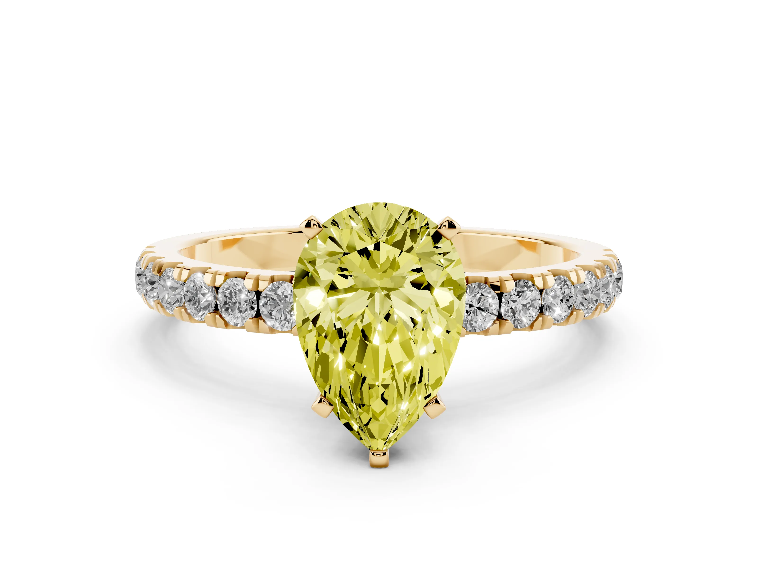 Fancy Yellow Pear Cut Diamond Solitaire Ring Set in Yellow gold with Pavé Accents and Prong Setting