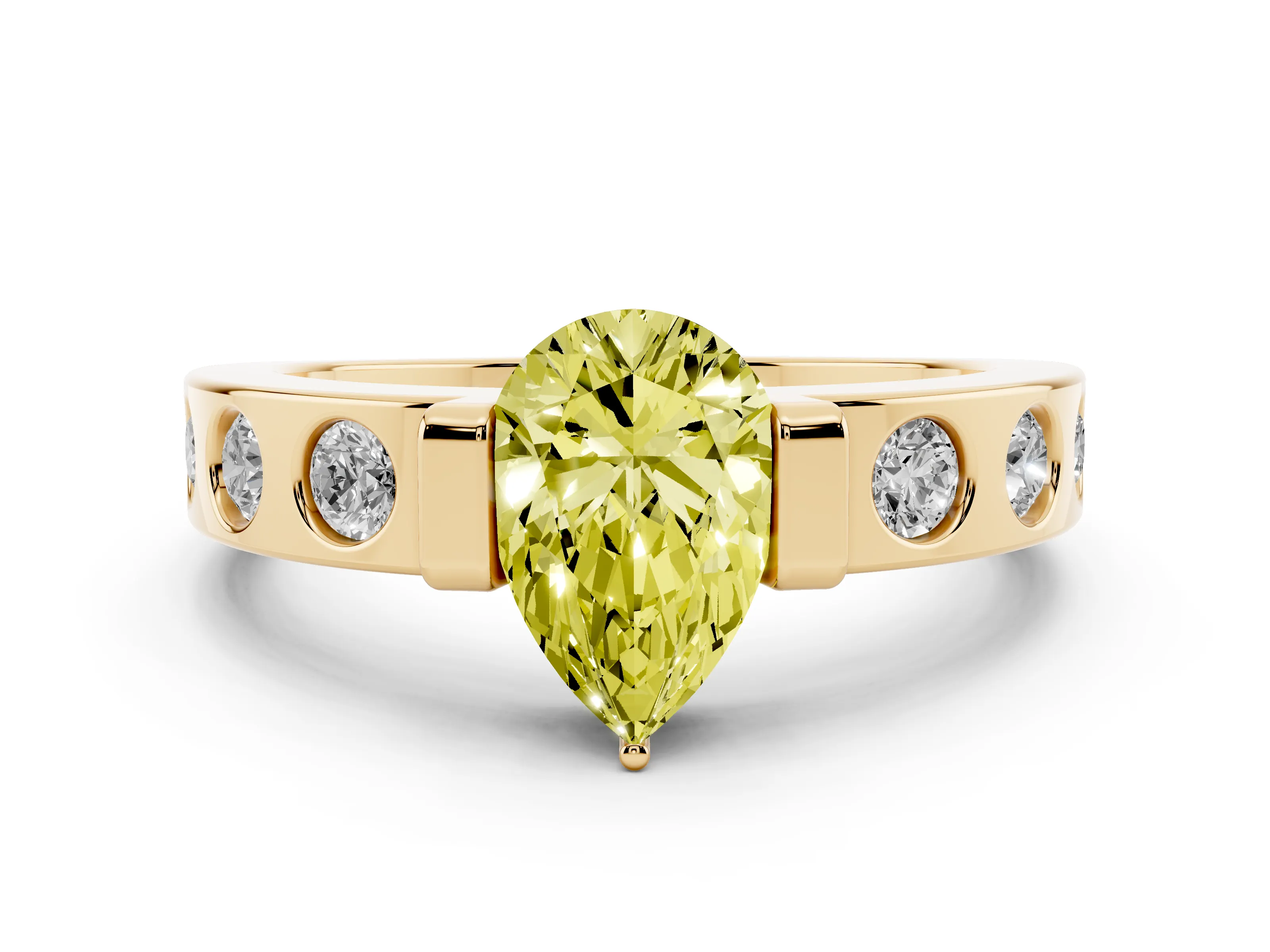 Fancy Yellow Pear Cut Diamond Channel-Set Band Ring Set in Yellow gold with Bezel Prong Setting
