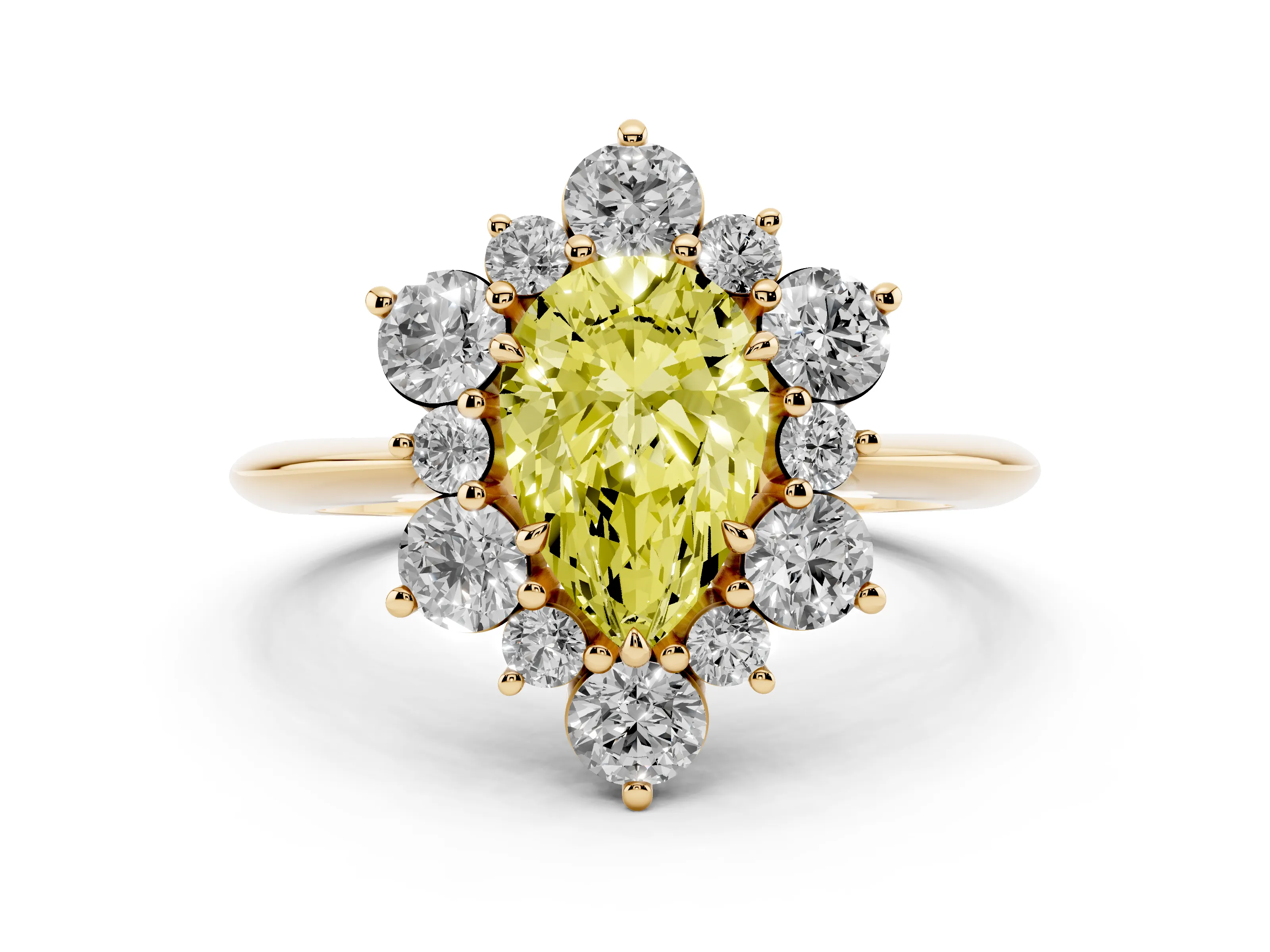 Fancy Yellow Pear Cut Diamond Cluster Halo Ring Set in Yellow gold with Solitaire Band and Prong Setting