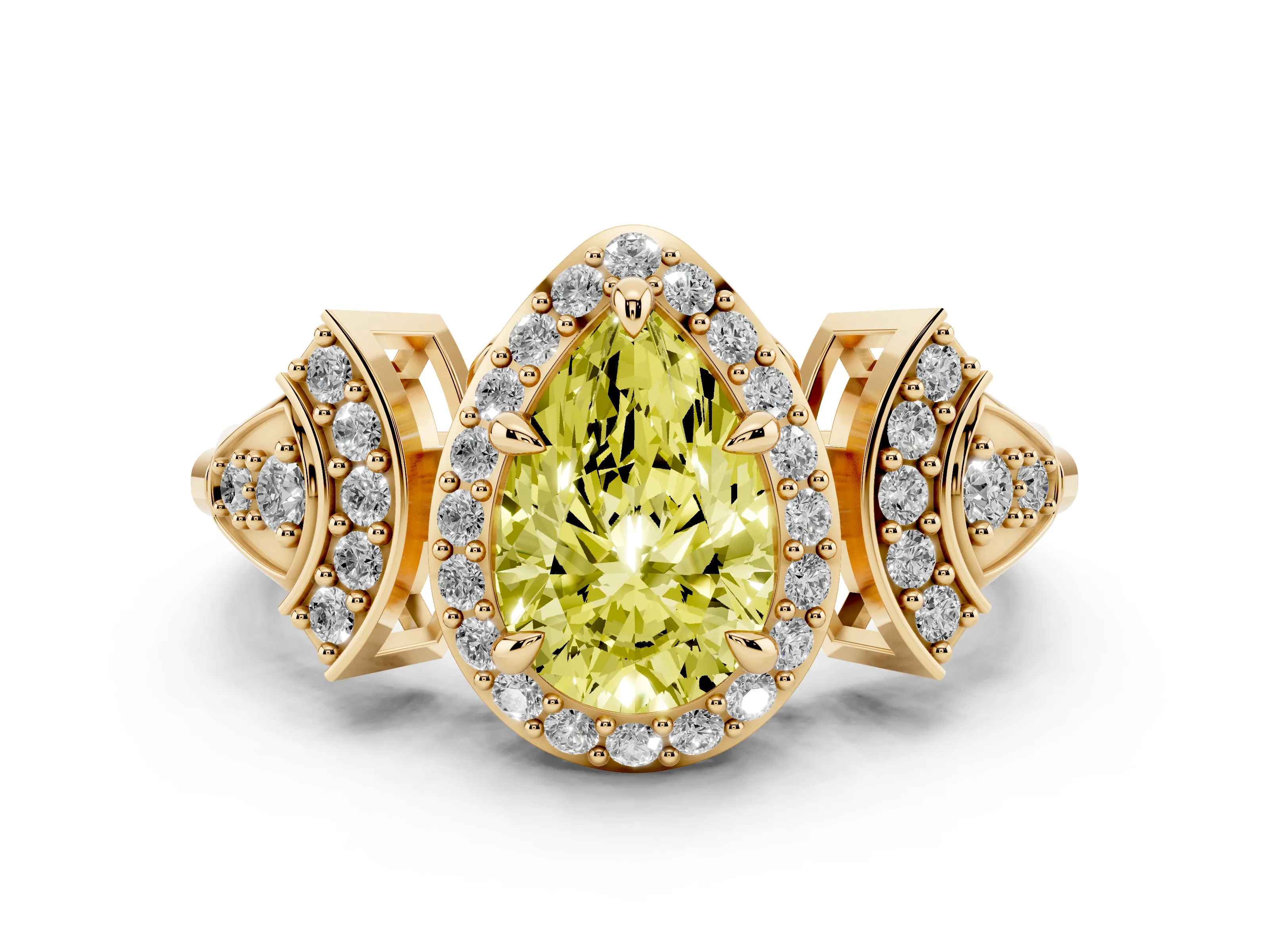 Fancy Yellow Pear Cut Diamond Halo Engagement Ring Set in Yellow gold with Accent Stone Split Shank