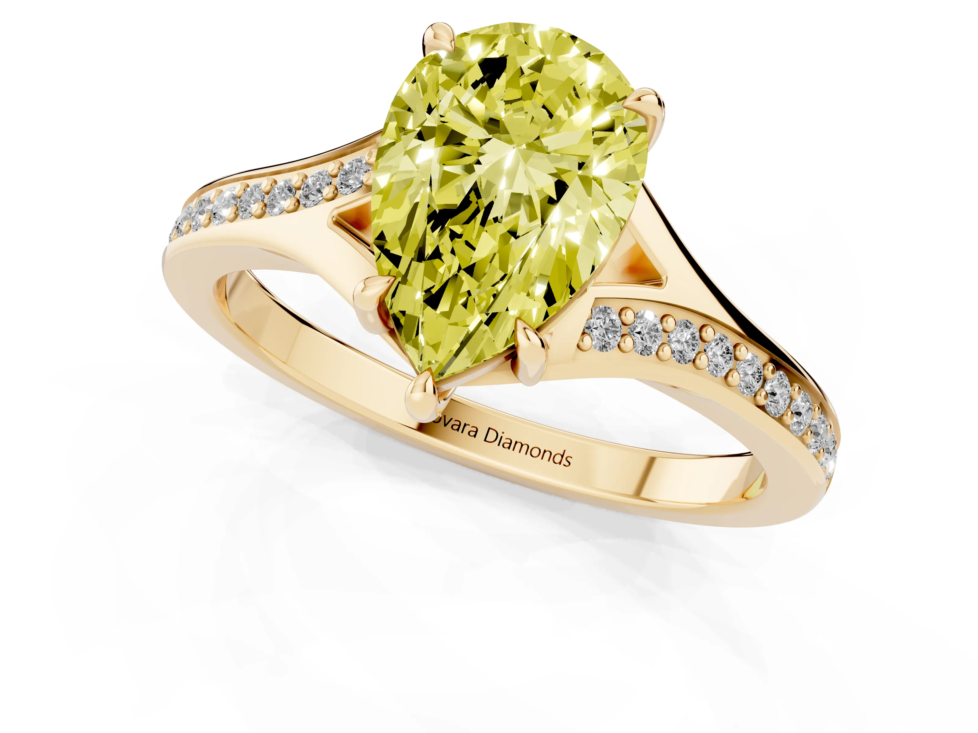 Fancy Yellow Pear Cut Diamond Solitaire Ring Set in Yellow gold with Pavé Accent Band and Classic Prong Setting