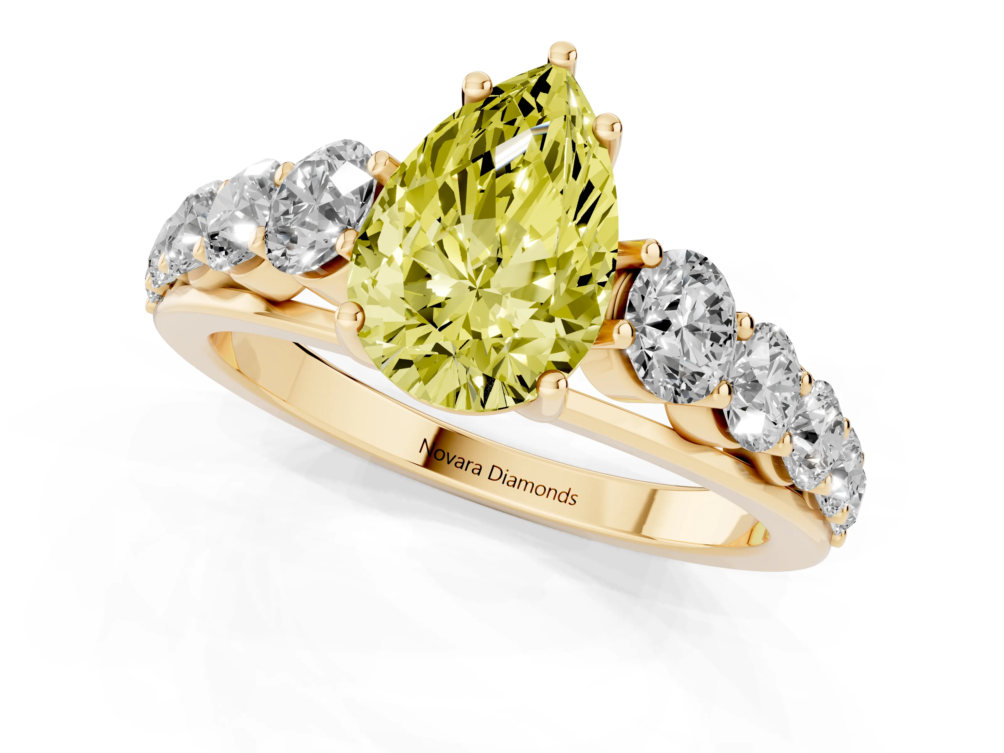 Fancy Yellow Pear Cut Diamond Solitaire Ring Set in Yellow gold with Pavé-Set Band and Prong Setting