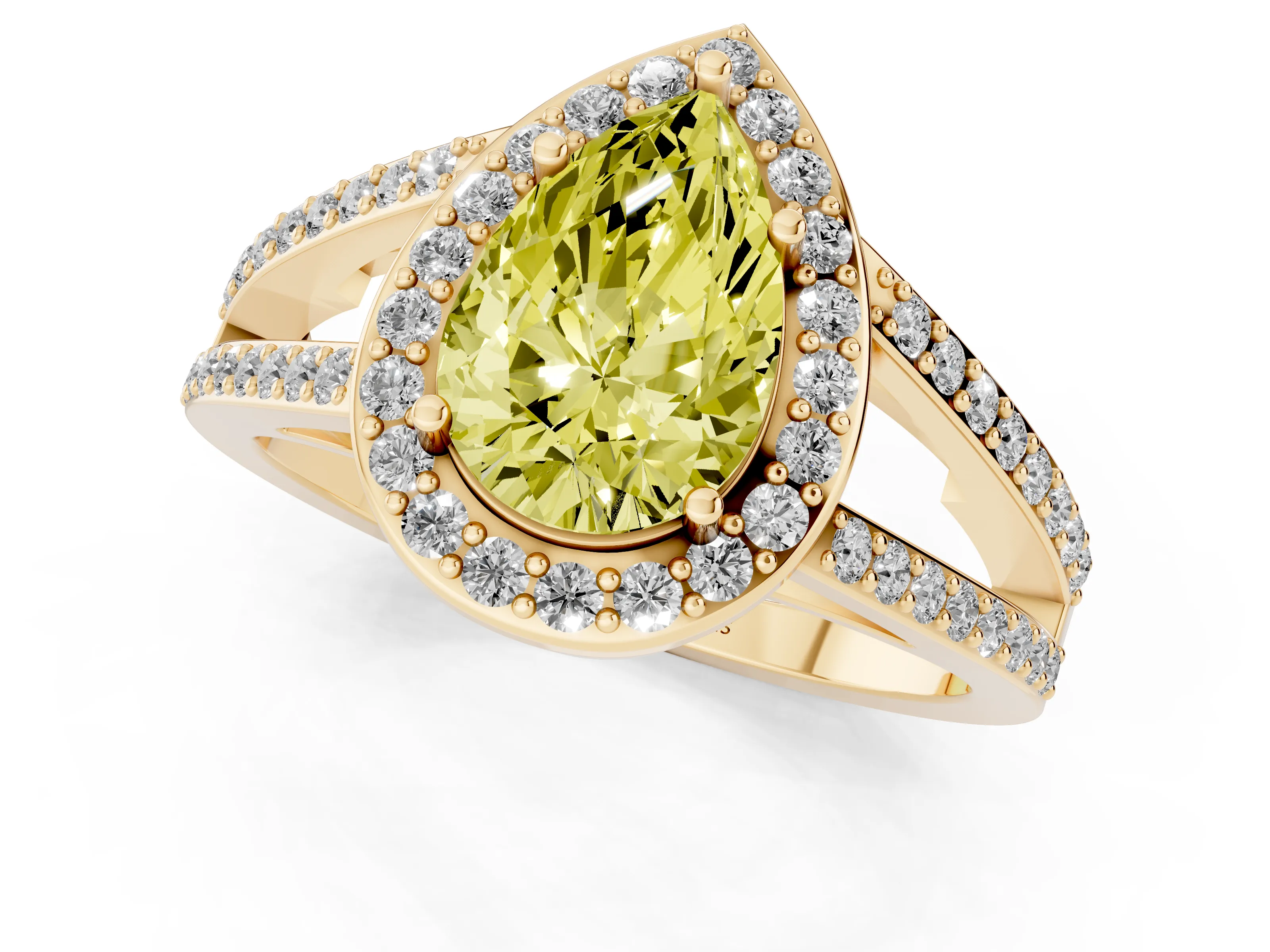 Fancy Yellow Pear Cut Diamond Halo Ring Set in Yellow gold with U-Prong Split Shank and Prong Setting