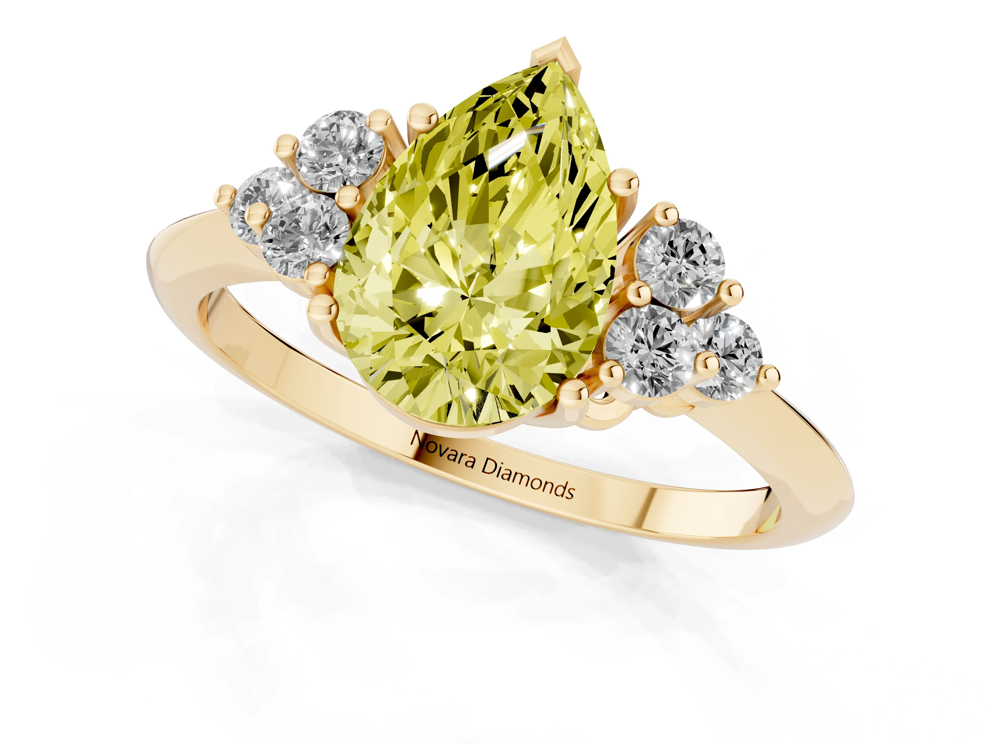 Fancy Yellow Pear Cut Diamond Cluster Ring Set in Yellow gold with Plain Band and Prong Setting