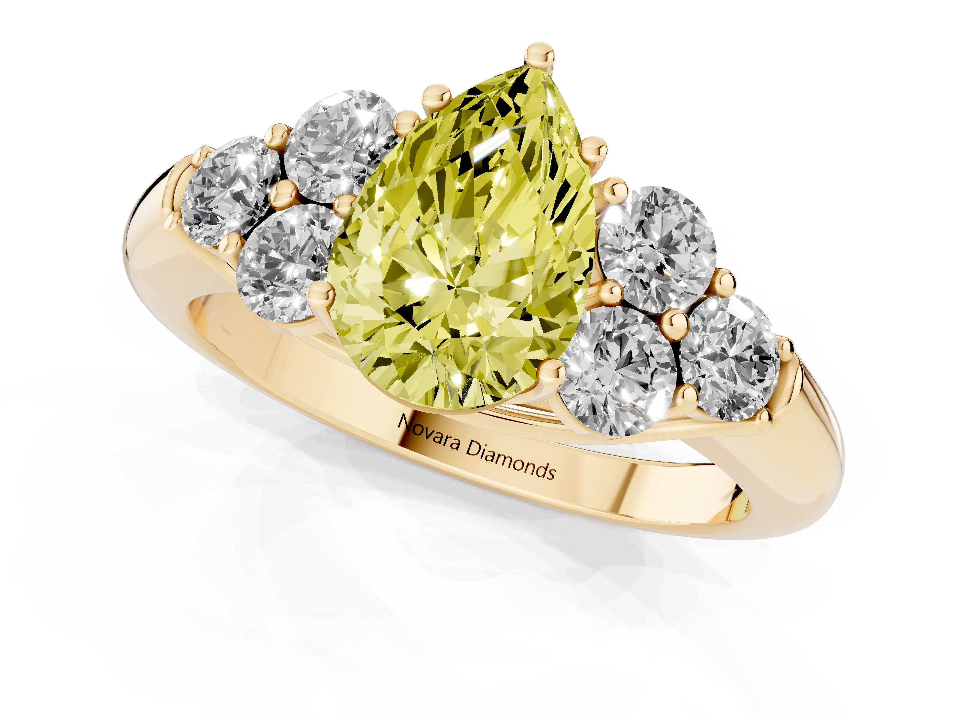 Fancy Yellow Pear Cut Diamond Cluster Ring Set in Yellow gold with Round Accent Stones and Prong Setting on a Plain Band