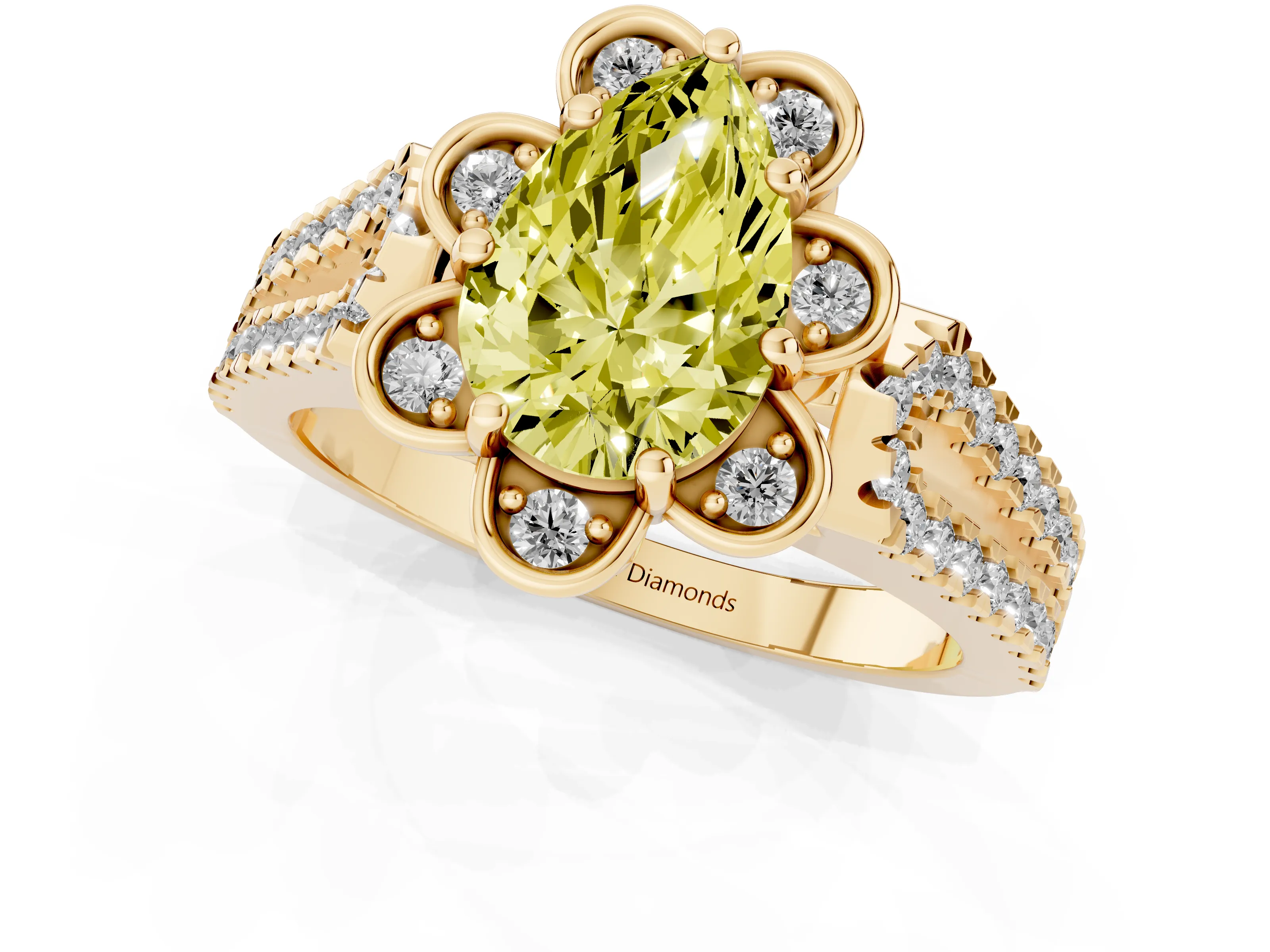 Fancy Yellow Pear Cut Diamond Floral Halo Split Shank Engagement Ring Set in Yellow gold with Pavé Shank