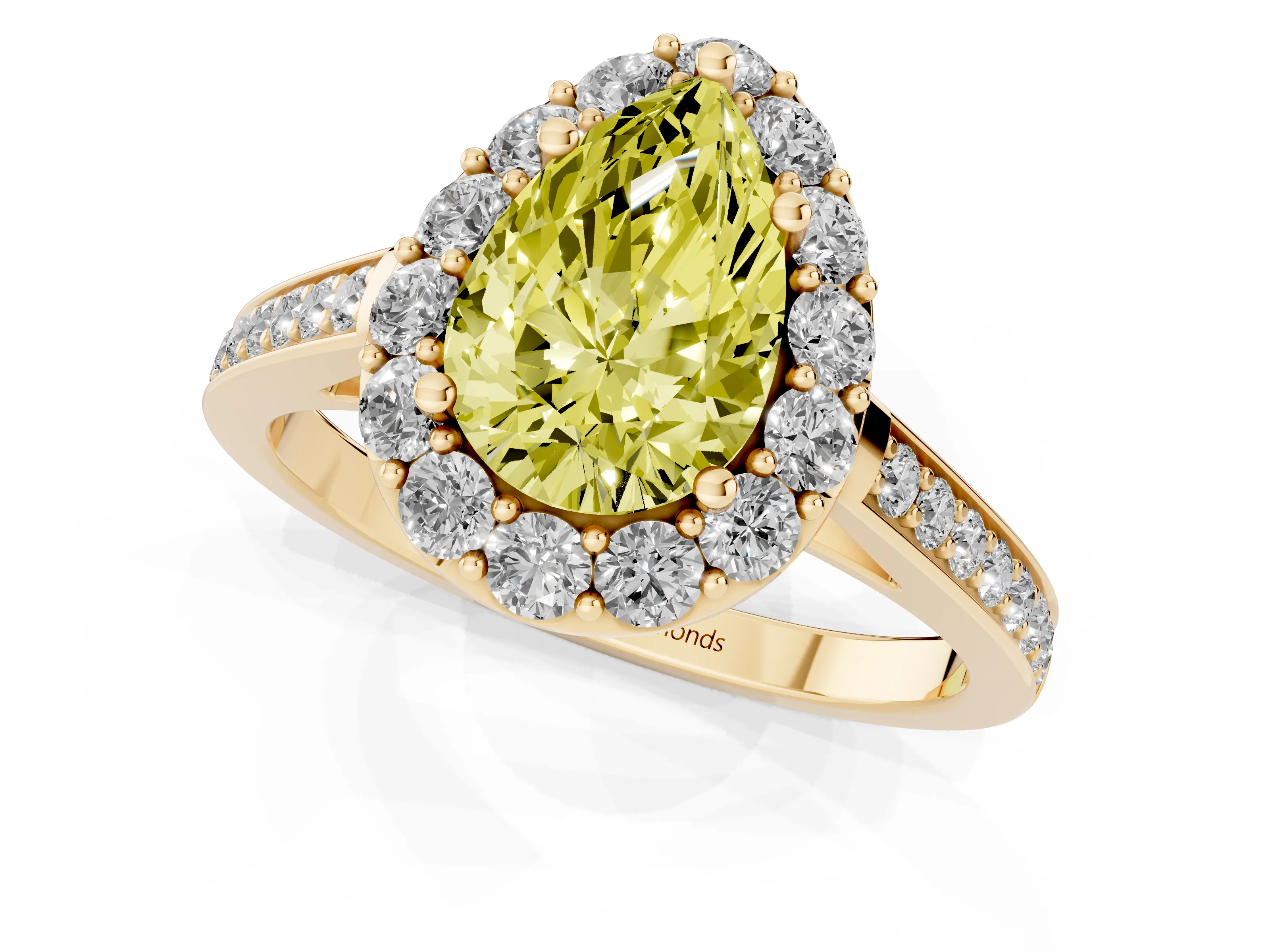 Fancy Yellow Pear Cut Diamond Floral Halo Ring Set in Yellow gold with Pavé Band and Prong Setting