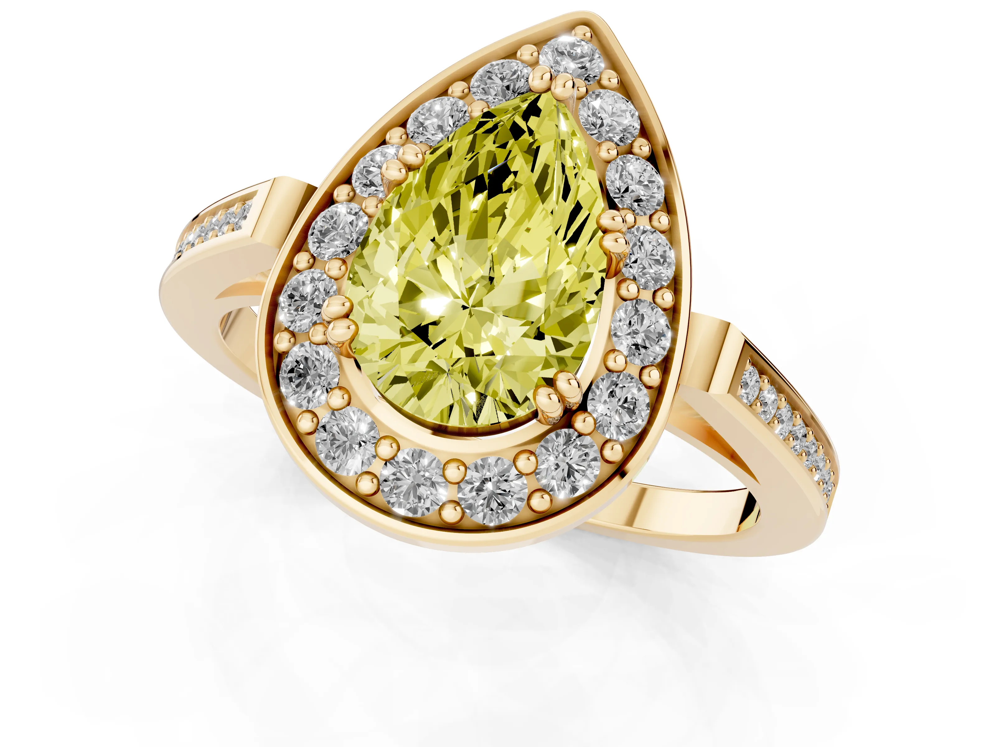Fancy Yellow Pear Cut Diamond Halo Ring Set in Yellow gold with Accent-Lined Split Shank and Prong Setting