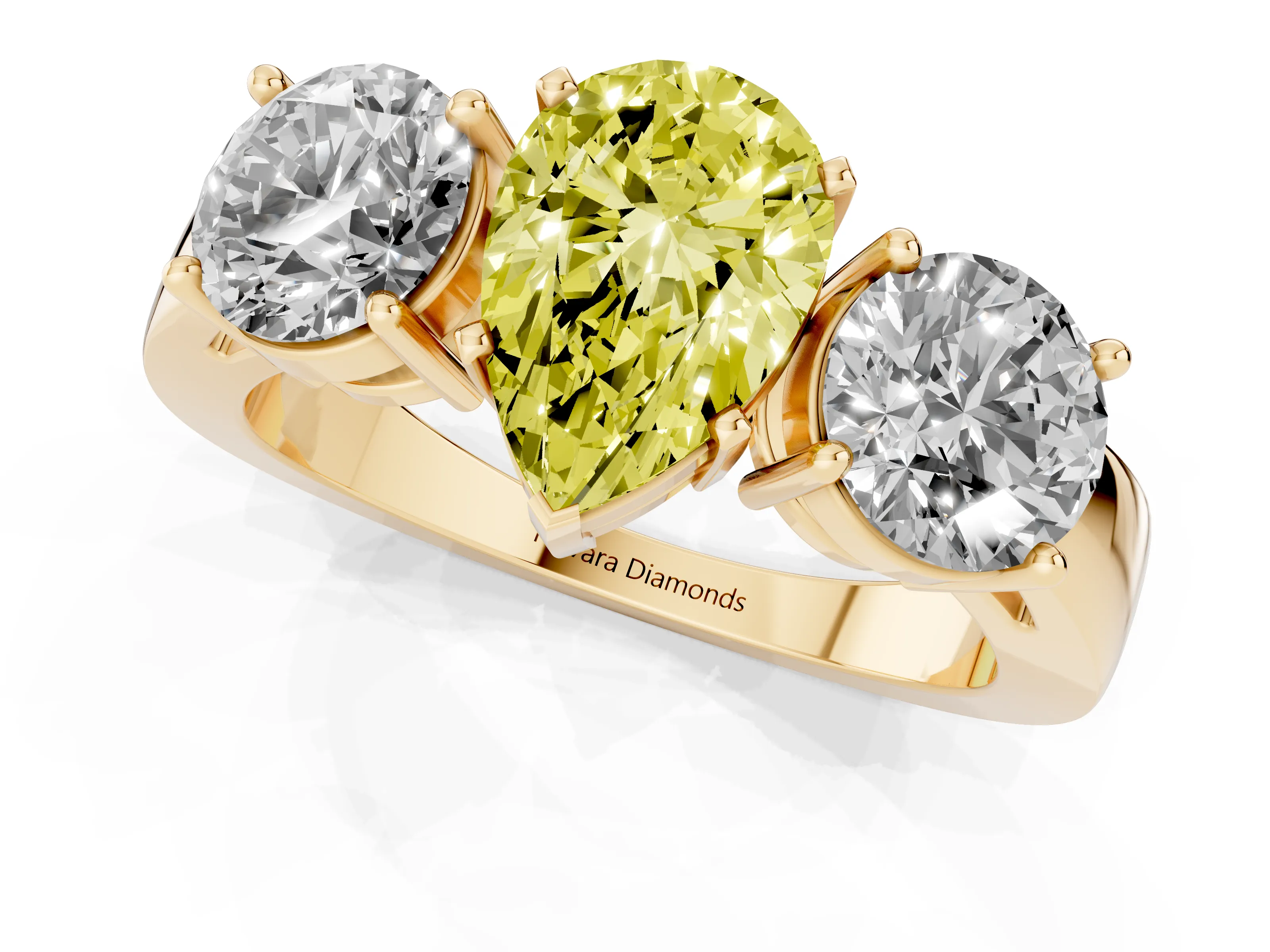 Fancy Yellow Pear Cut Diamond Three-Stone Ring Set in Yellow gold with Round Side Stones and Classic Band – second view