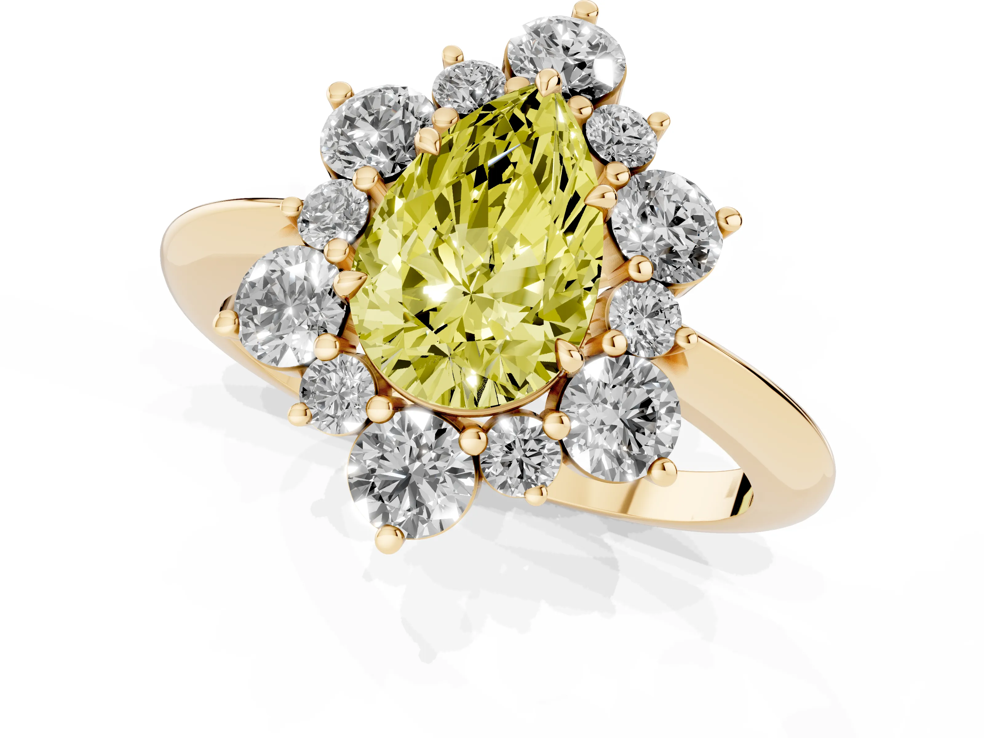 Fancy Yellow Pear Cut Diamond Cluster Halo Ring Set in Yellow gold with Solitaire Band and Prong Setting