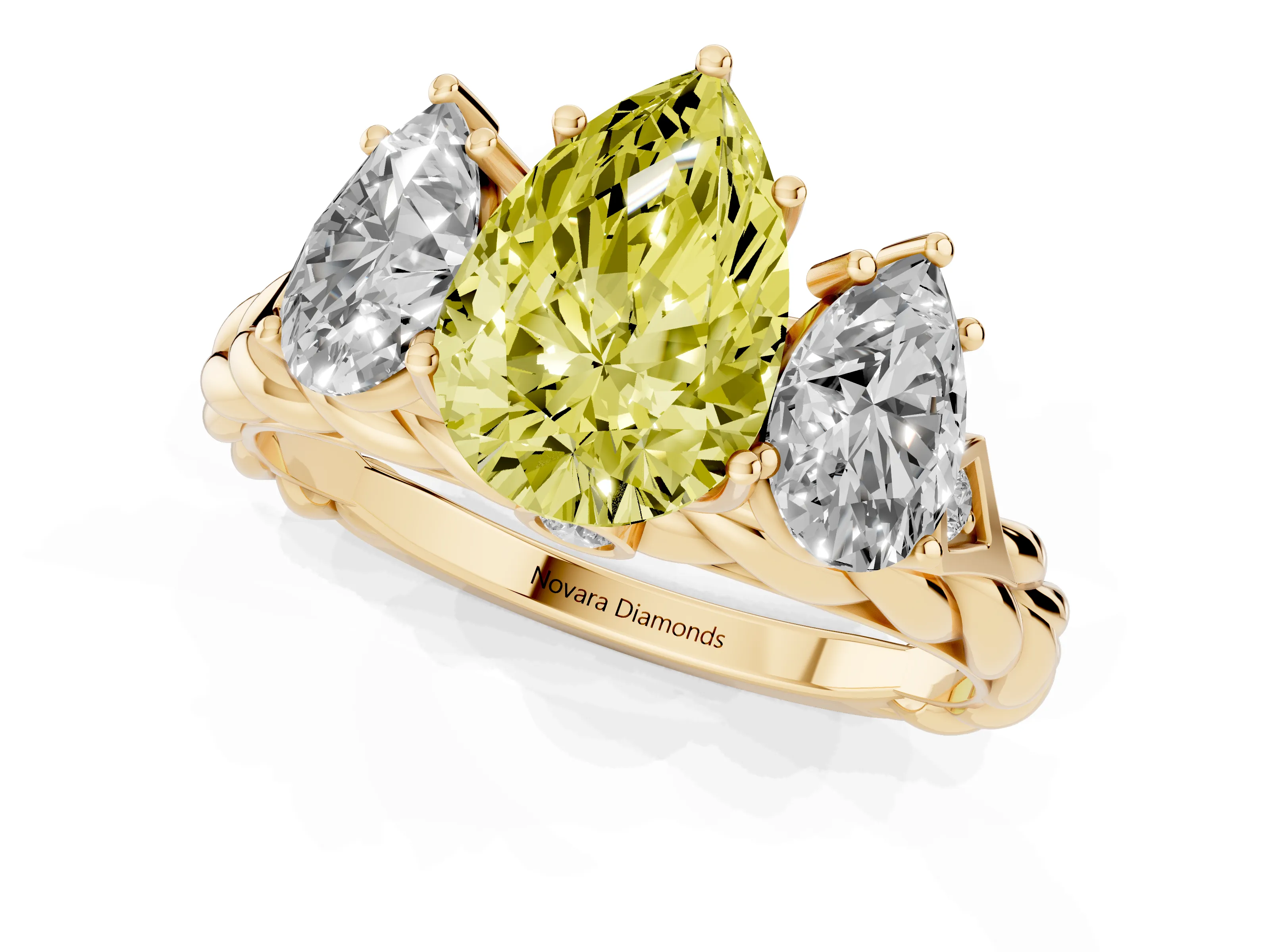 Fancy Yellow Pear Cut Diamond Three-Stone Ring Set in Yellow gold with Braided Band
