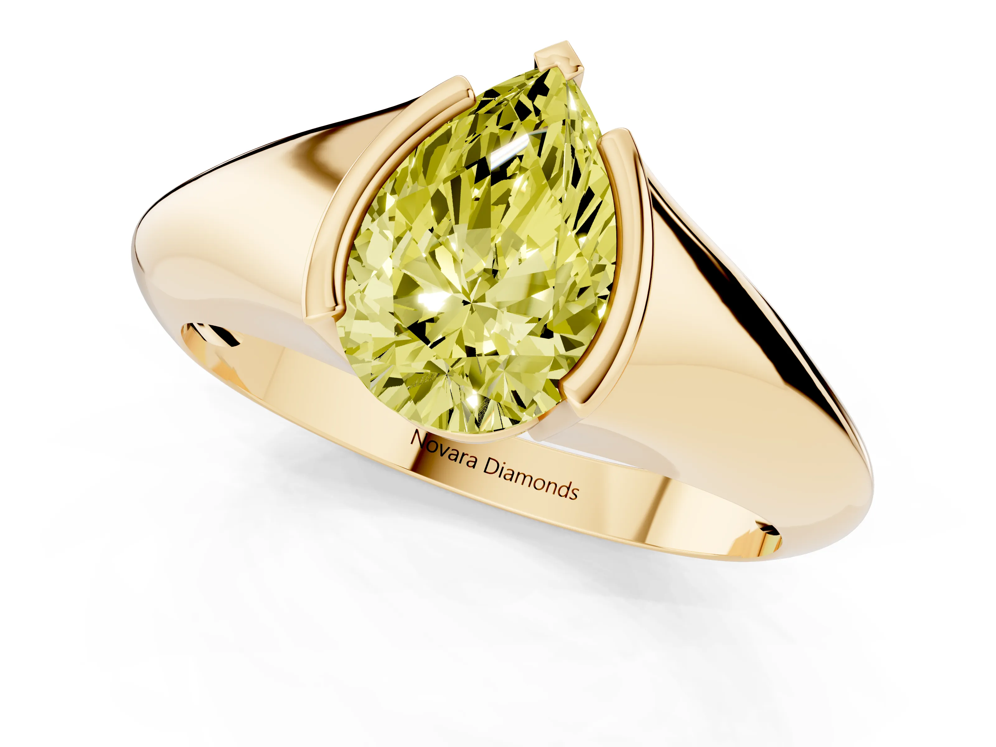 Fancy Yellow Pear Cut Diamond Solitaire Tension Set Ring Set in Yellow gold