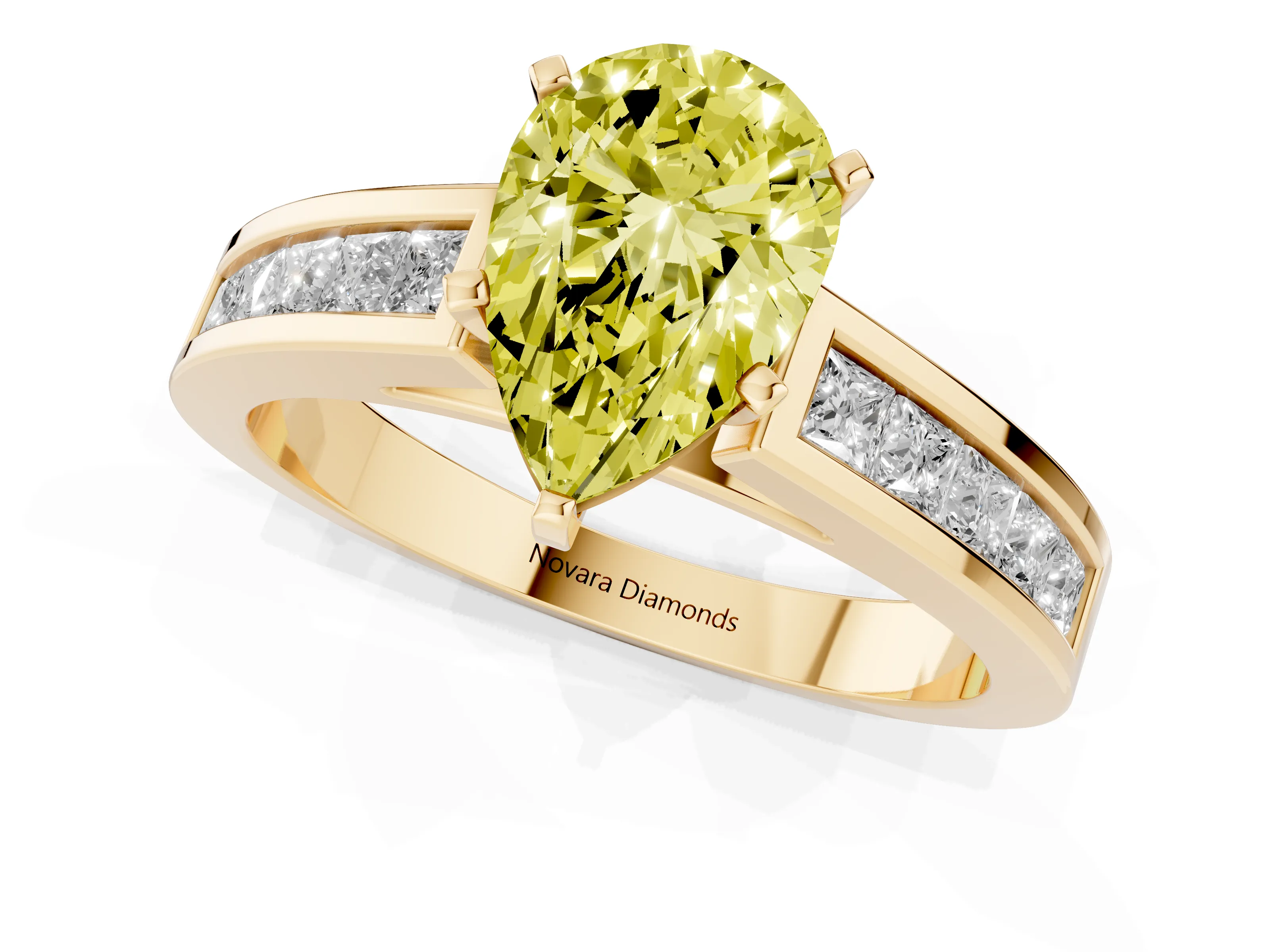 Fancy Yellow Pear Cut Diamond Solitaire Ring Set in Yellow gold with Channel-Set Band and Prong Setting