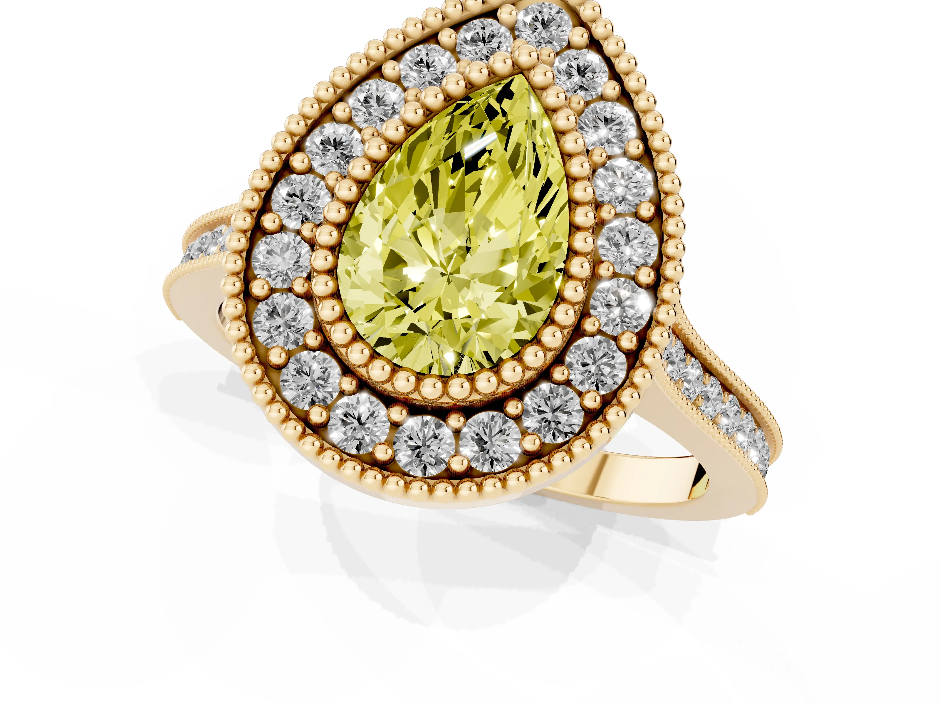 Fancy Yellow Pear Cut Diamond Halo Ring Set in Yellow gold with Milgrain Frame and Pavé Band