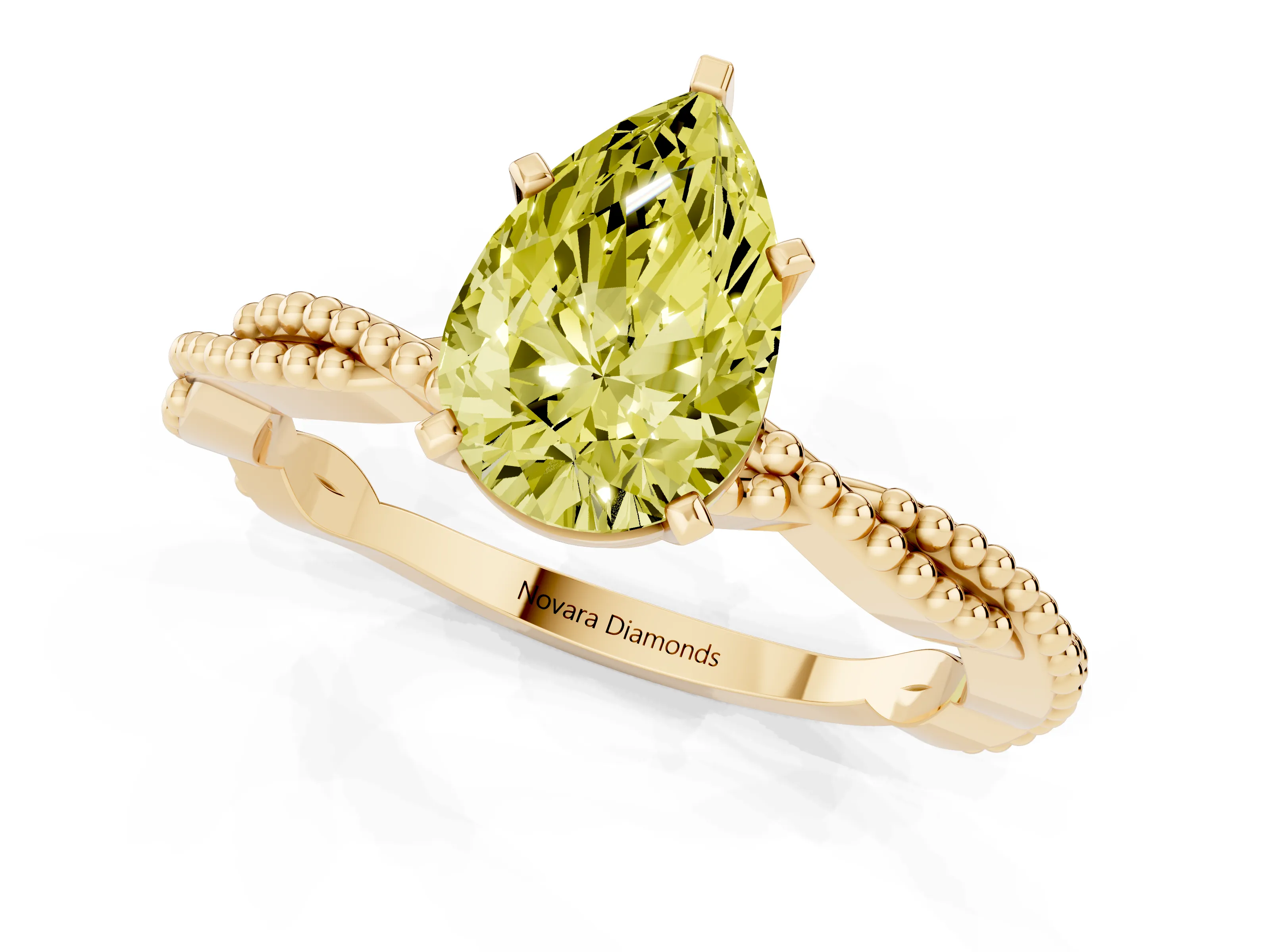 Fancy Yellow Pear Cut Diamond Solitaire Ring Set in Yellow gold with Twisted Band and Bead Prong Setting