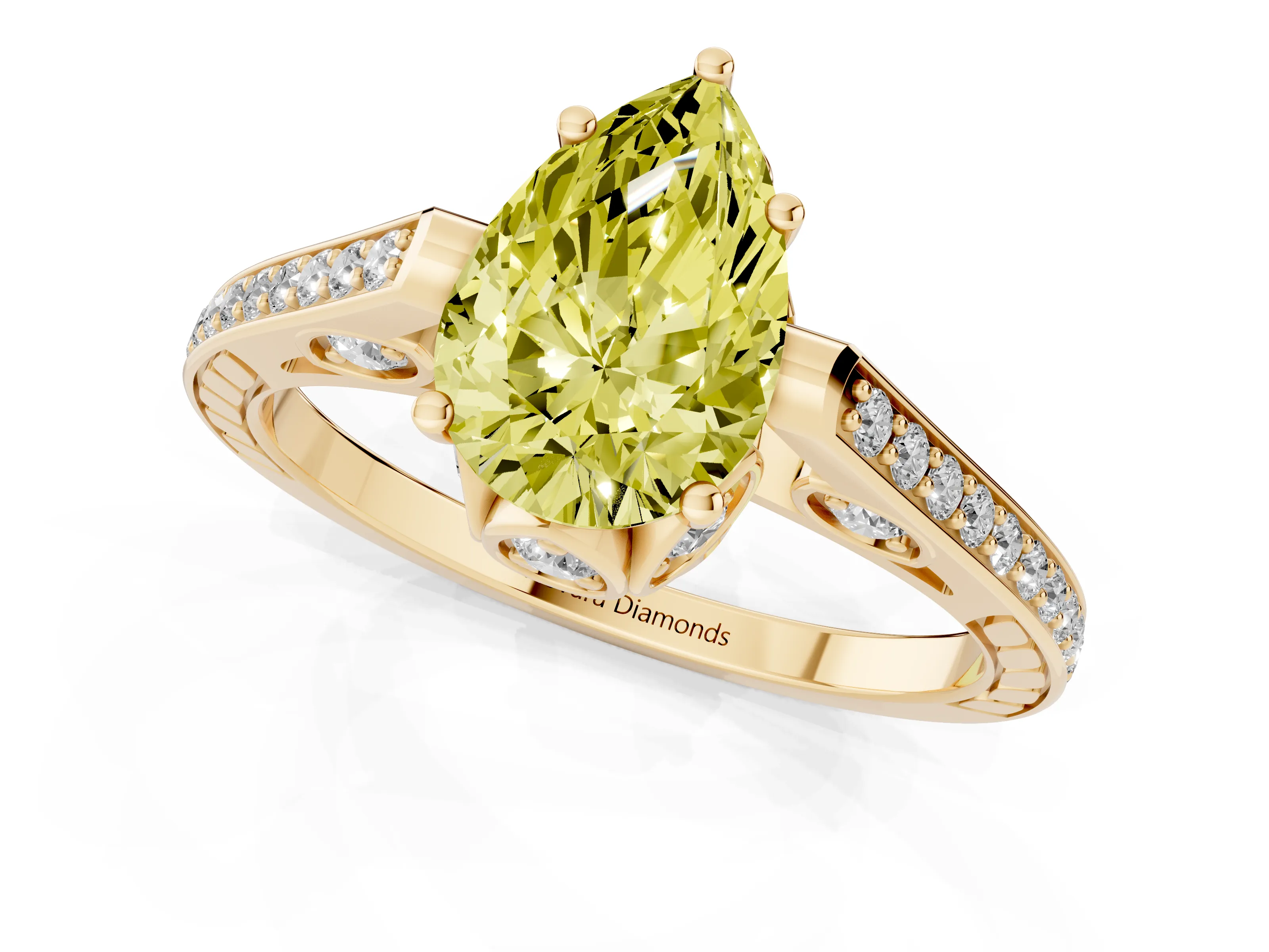 Fancy Yellow Pear Cut Diamond Cathedral Pavé Engagement Ring Set in Yellow gold with Prong Setting