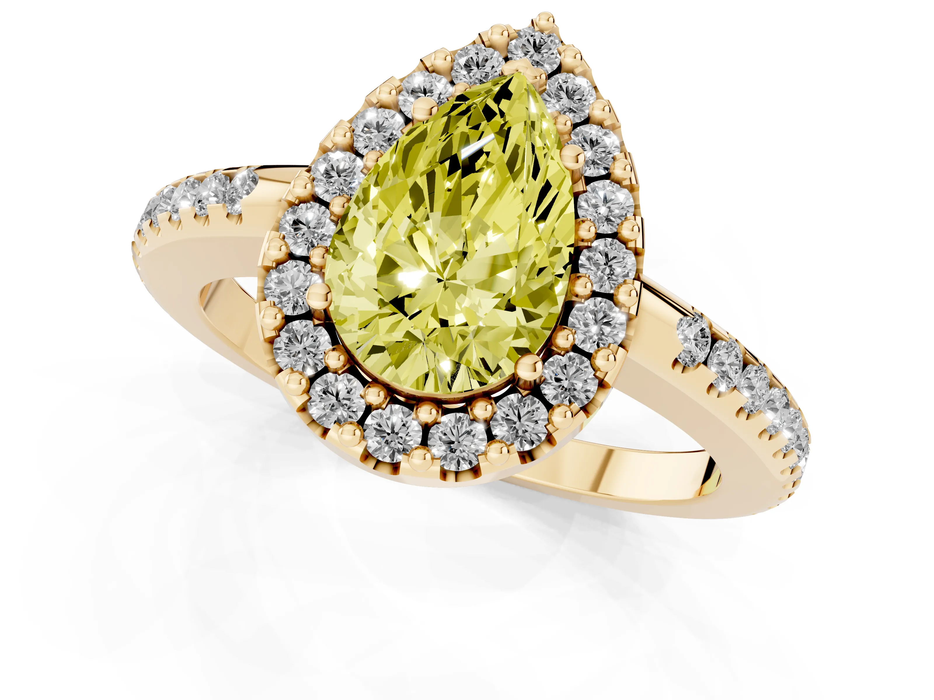 Fancy Yellow Pear Cut Diamond Pavé Halo Ring Set in Yellow gold with Prong Setting